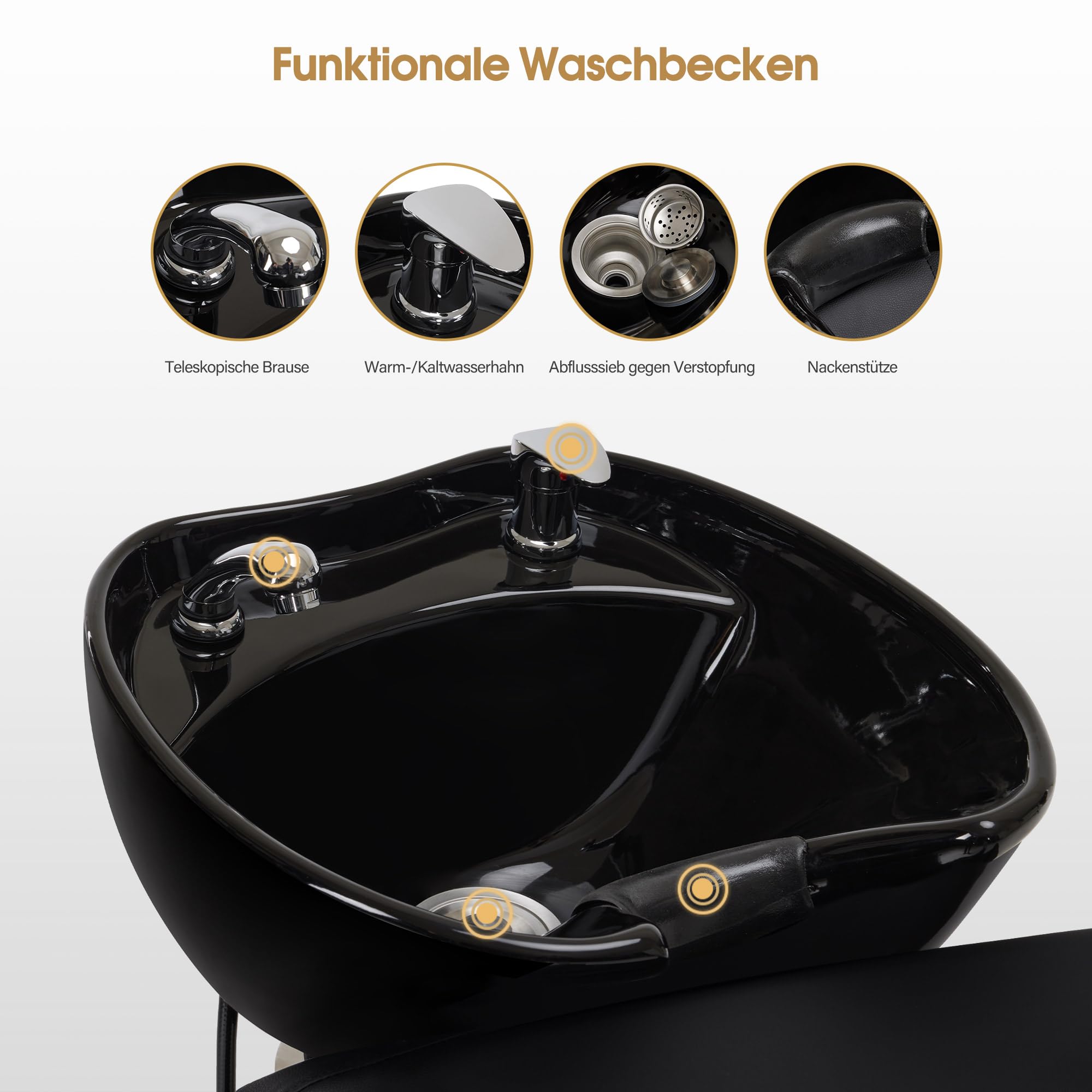 Barberpub Friseurstuhl mit Waschbecken, Friseur Waschbecken aus Keramik Verstellbar, Friseur Waschplatz Friseurwaschsessel, 8679 (Schwarz)