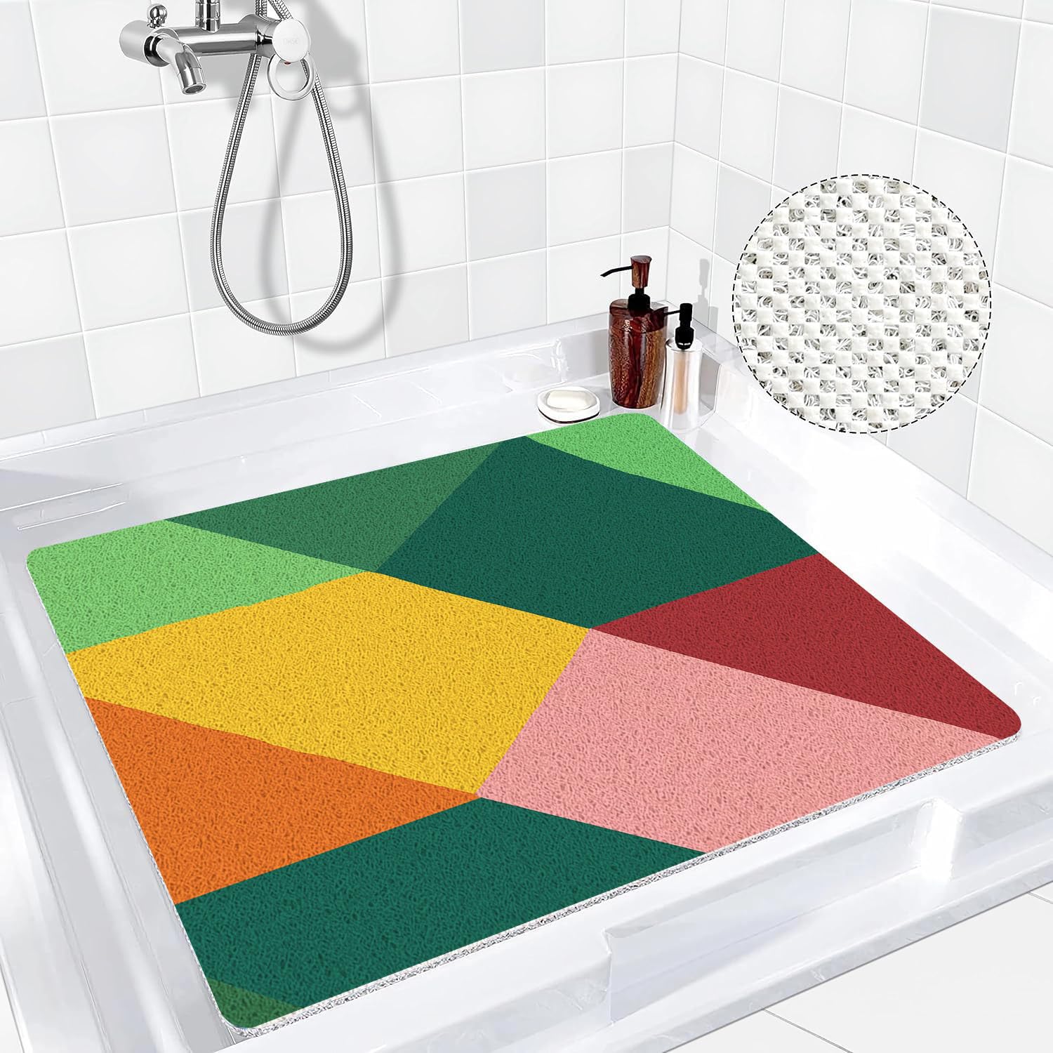 Mateju Alfombra Baño Ducha Cuadrada Antideslizante, Alfombra Baño Interior de Lufa Secado Rapido - Suave y Cómoda para Dentro Duchasalir de la Ducha (Geométrico Verde,60 * 60cm)
