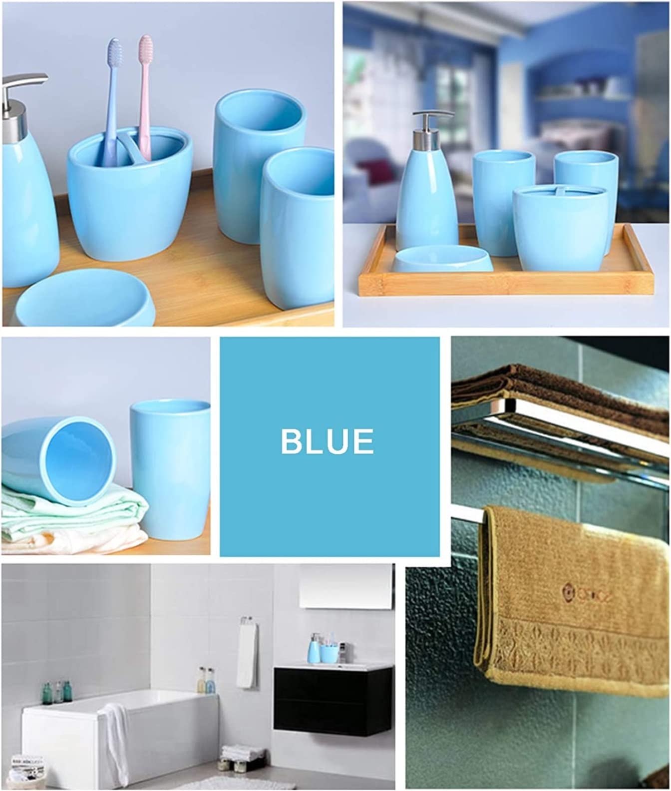 Badezimmer Set Seifenspender Set 5-teiliges Keramik-Set Mit Mehrfarbigen Accessoires Für Das Badezimmer, Badezimmer-Organizer-Set, Süßes Stil-Set Deko Badezimmer (Color : Blue)