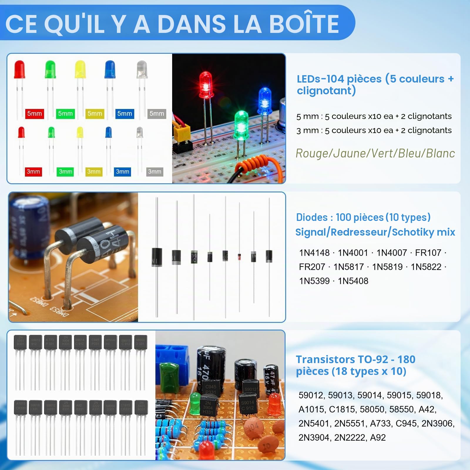 1530 Pièces Kit de Composants électroniques 9 types avec Résistance métallique,Condensateur,Diode,Diode LED,Transistor,Dupont Cable,Câble Jumper et Breadboard, pour UNO R3