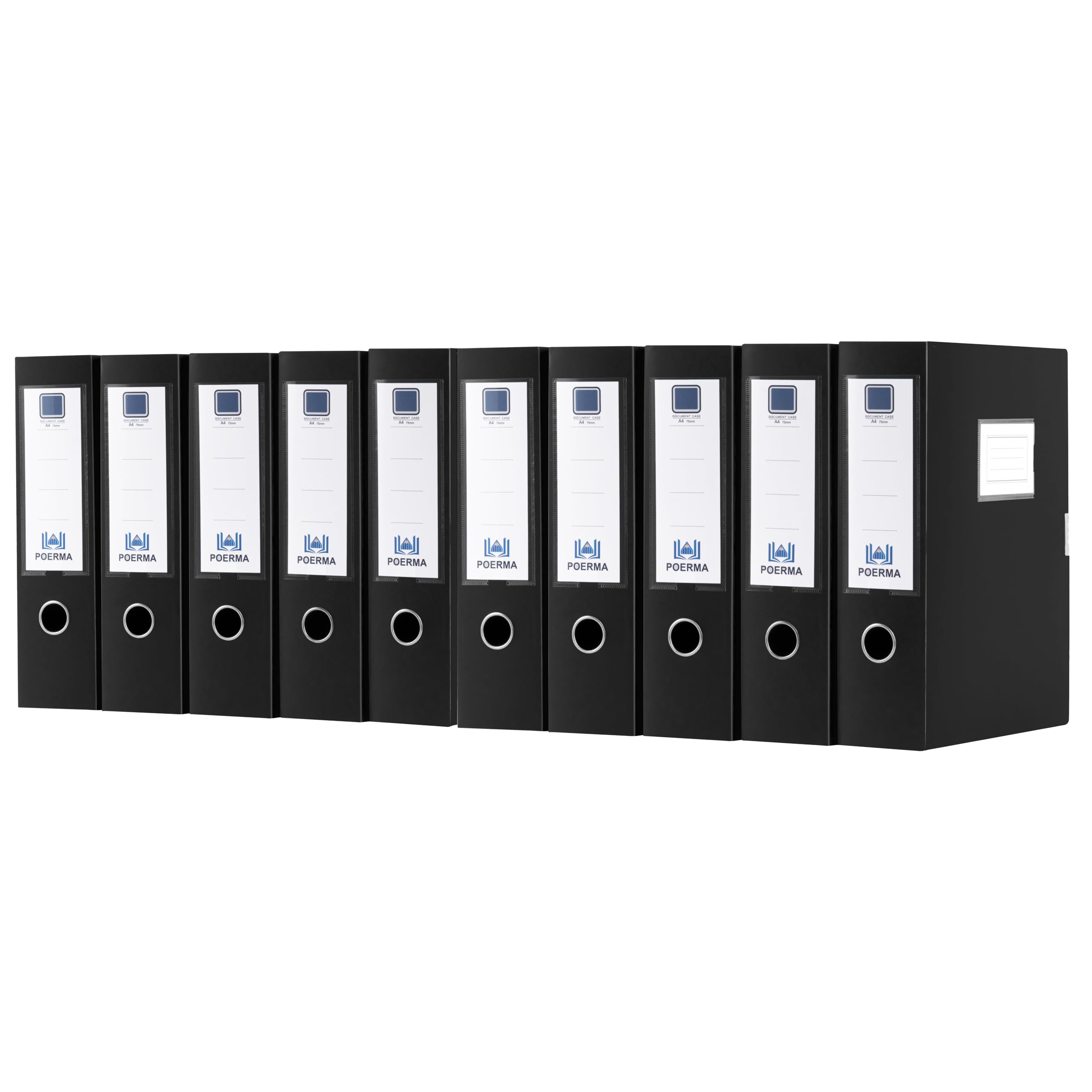 POERMA Box Files A4, 10 Pack Folding Plastic Filing Boxes, 75mm Spine, Large Capacity Plastic Archiving Box with Lid for Office, Home and School (Black)