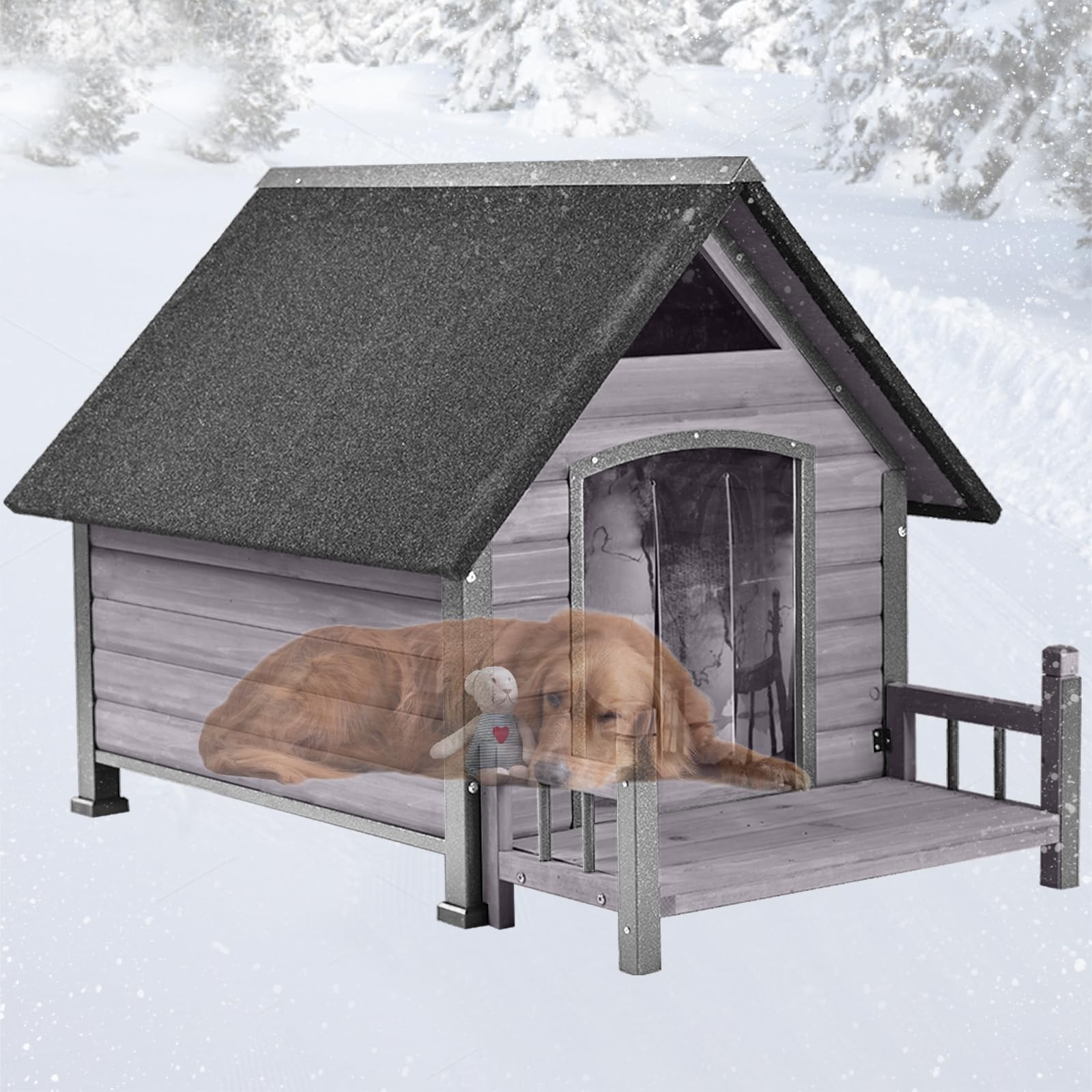Dog House Outdoor,Dog Kennel Outside for Large Breed, Weatherproof Large Dog Shelter with Anti-Chewing Iron Frame (Grey-N, 45" D x 32.9" W x 32.6" H)