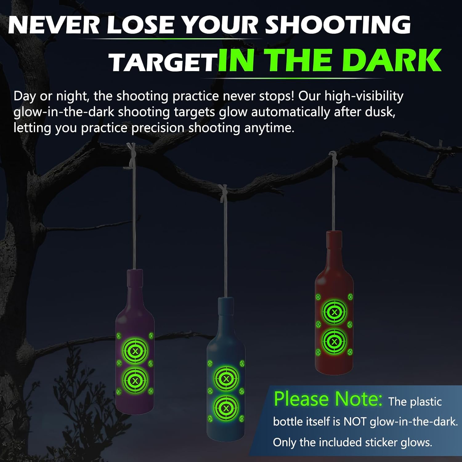 6 Pack Plastic Bottles Shooting Targets, Shatterproof Bottle Reusable Hanging Target Kit with Rope and Glow-in-the-Dark DIY Stickers, for Firearm Target Training, Shooting Range, Outdoor, Backyard
