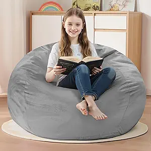 Homguava 2FT Bean Bag Chair: 2' Bean Bags with Memory Foam Filled,Comfy Beanbag Chairs Round Bean Bag Sofa with Dutch Velvet Cover-Light Grey