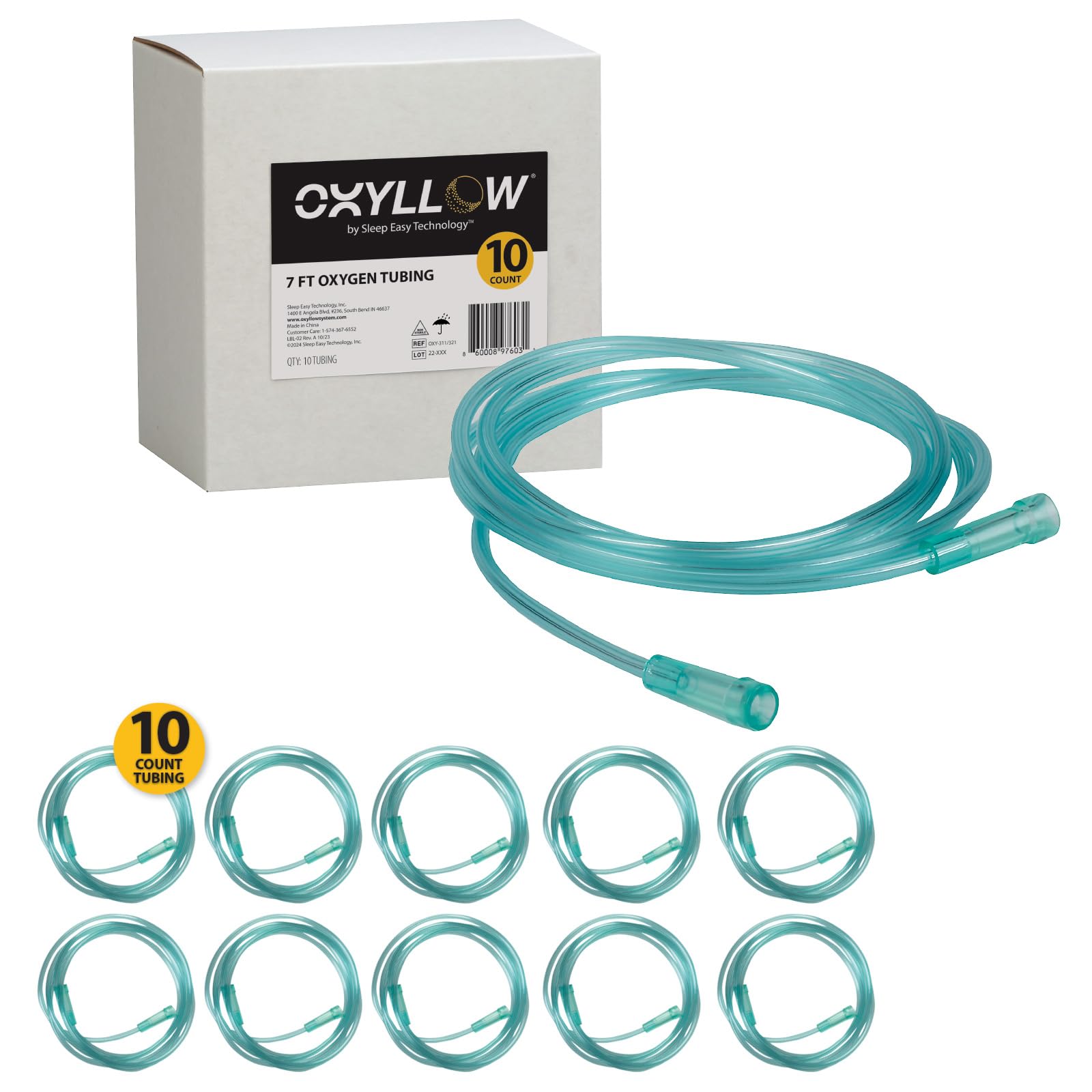 Premium 7 FT Oxygen Tubing - 10-Count - 6-Channel Kink-Resistant Air Flow - High-Visibility Green Tint - Universal End Connectors - Durable Medical Grade Oxygen Therapy Accessory -
