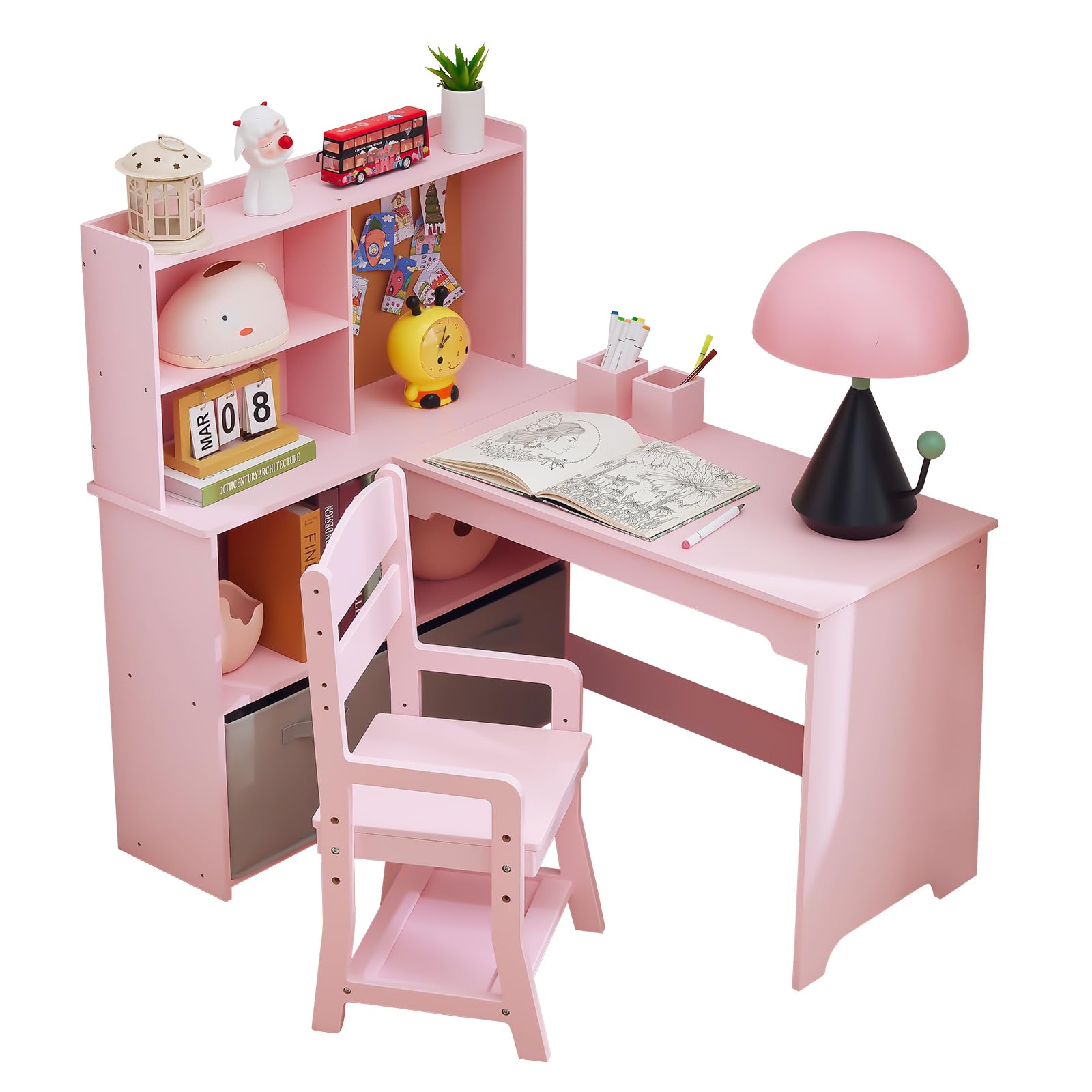 Bureau d’Angle Enfant élégant Avec Chaise Ergonomique 3-10 Ans Fille Garcon | Table d'étude L Avec Miroir,Etagères,Tableau d'Affichage,Tiroirs en tissu,Rangement Ensemble Complet Pour Etude Et Créativité