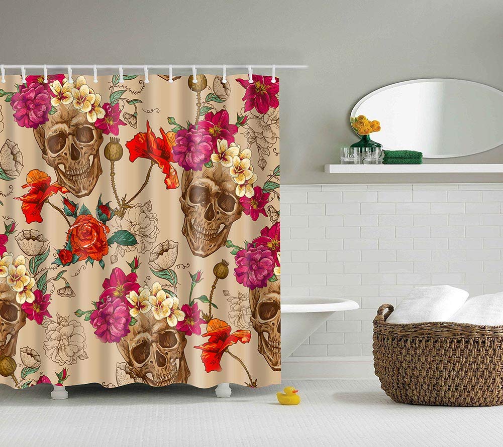 BOYOUTH Vintage Flowers and Skull Pattern Digital Print Shower Curtains for Bathroom Decor,Polyester Waterproof Fabric Bath Curtain with 12 Hooks,70x70 Inches,Multicolor