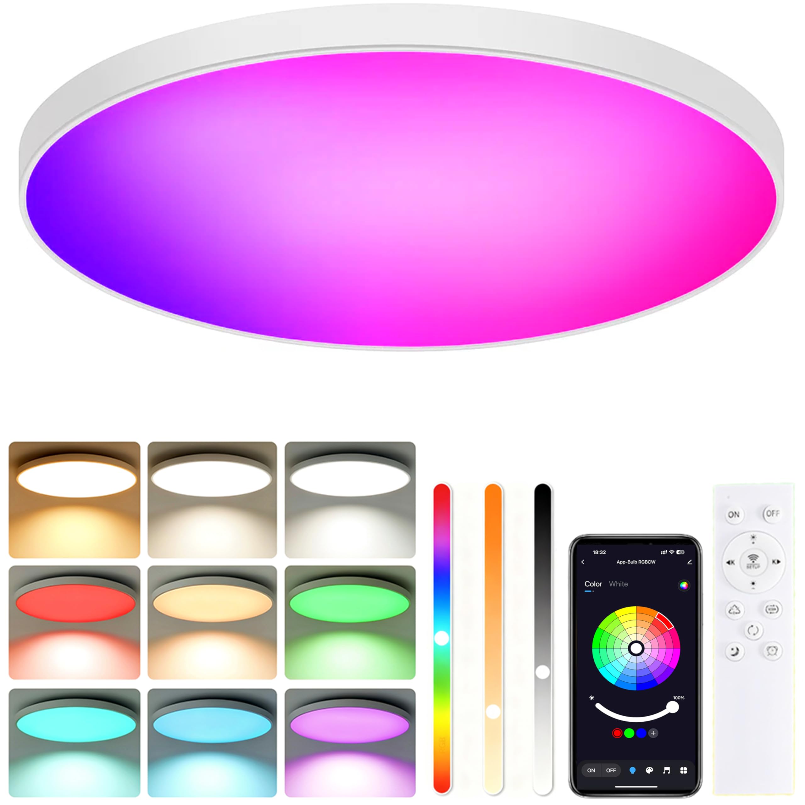 Lampara Techo LED 24W, RGB Lampara Techo Dormitorio, Regulable 2700K-6500K Dimmable con App/Mando a Distancia, Luz Inteligente para Dormitorio, Salon, Cocina(Ø30CM)