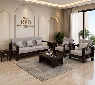 Sheesham Wooden 5 Seater Sofa Set For Living Room | Rosewood Cushion Sofa With Side Newspaper Holder For Home & Office | Lounge (Walnut, 3+1+1 Seater)