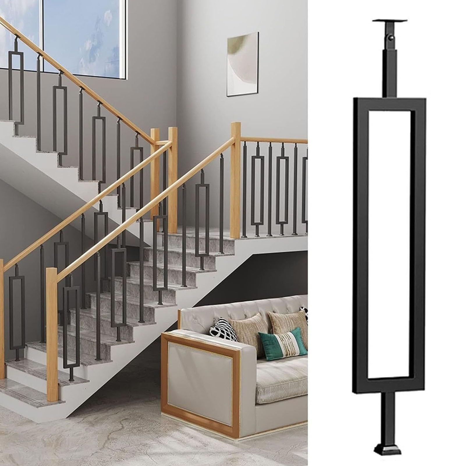 JOUFNING Stairs Handrail - Single Rectangle Armrest Guardrail, Gold Metal Spindles Stair Balusters Post, Column Spindle with Adjustable 270° Angle Bracket, for Deck Loft(Black,85cm/33.5in)