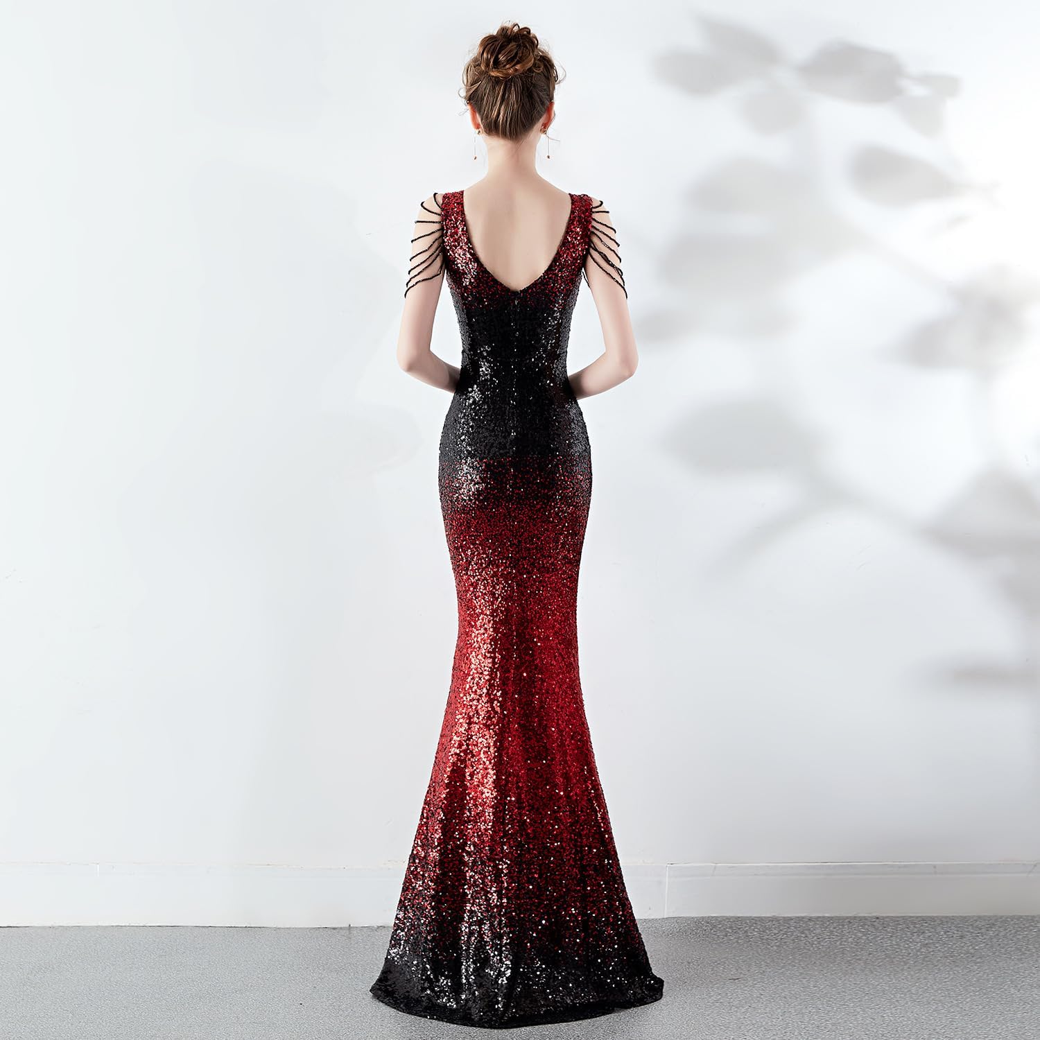 Women's Sparkly Prom Dress V Neck Tassel Bead Sleeve Mermaid Long Gown 1920S Party Formal Evening Maxi Dress