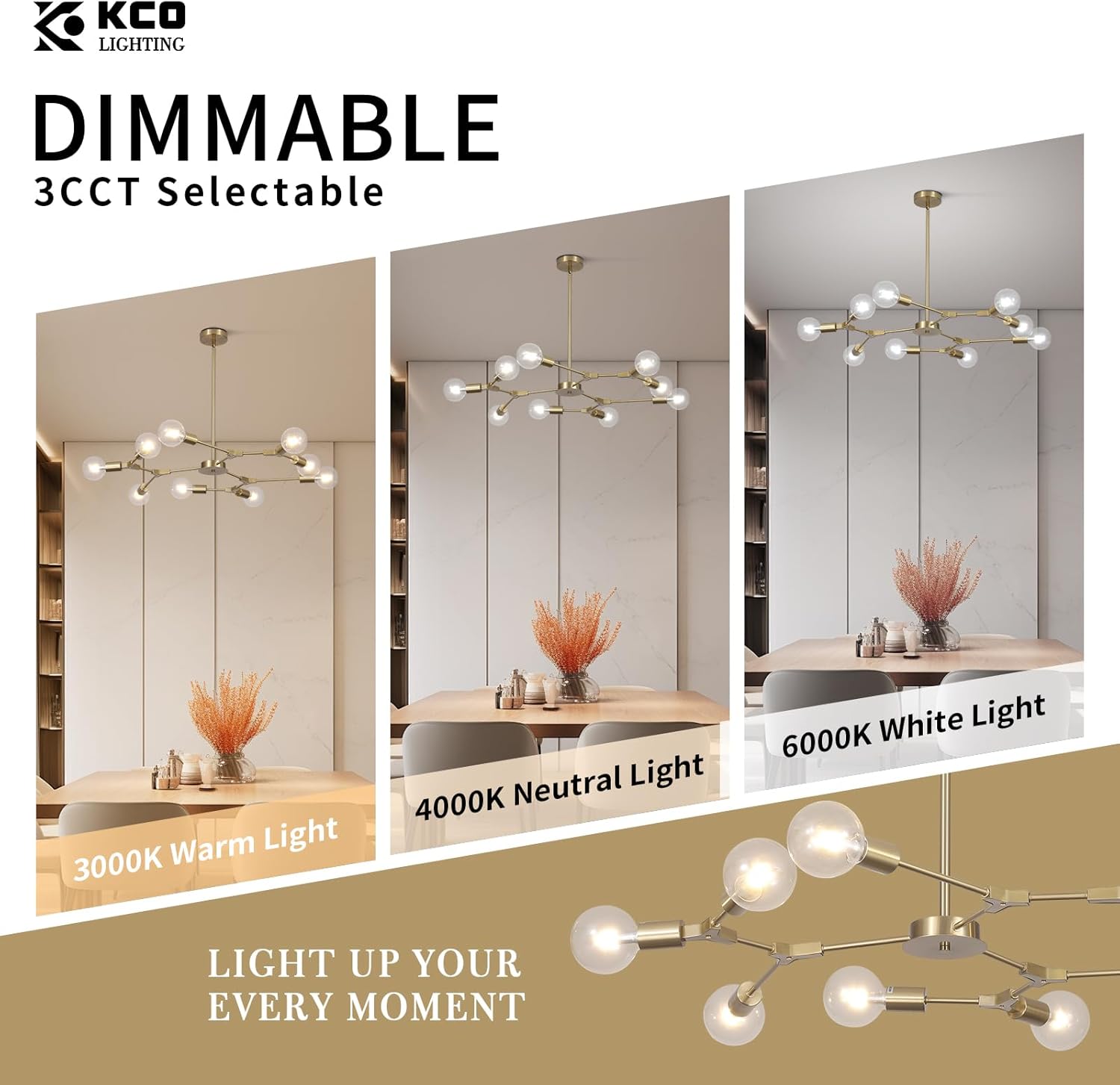 KCO Lighting Modern Sputnik Chandelier Brushed Brass Hanging Lamp Industrial Flush Mount Ceiling Light Fixture Adjustable Hanging Lamp for Living Room (Gold)