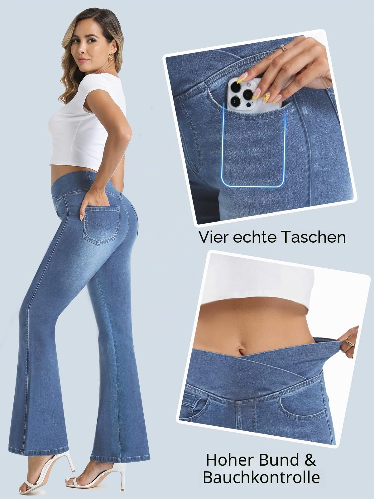 VX VONXURY Bootcut Jeans Damen mit Hoher Bund Pull on Flare Jeans Stretch Schlaghose mit und 4 Taschen Ideal für Alltag Büro