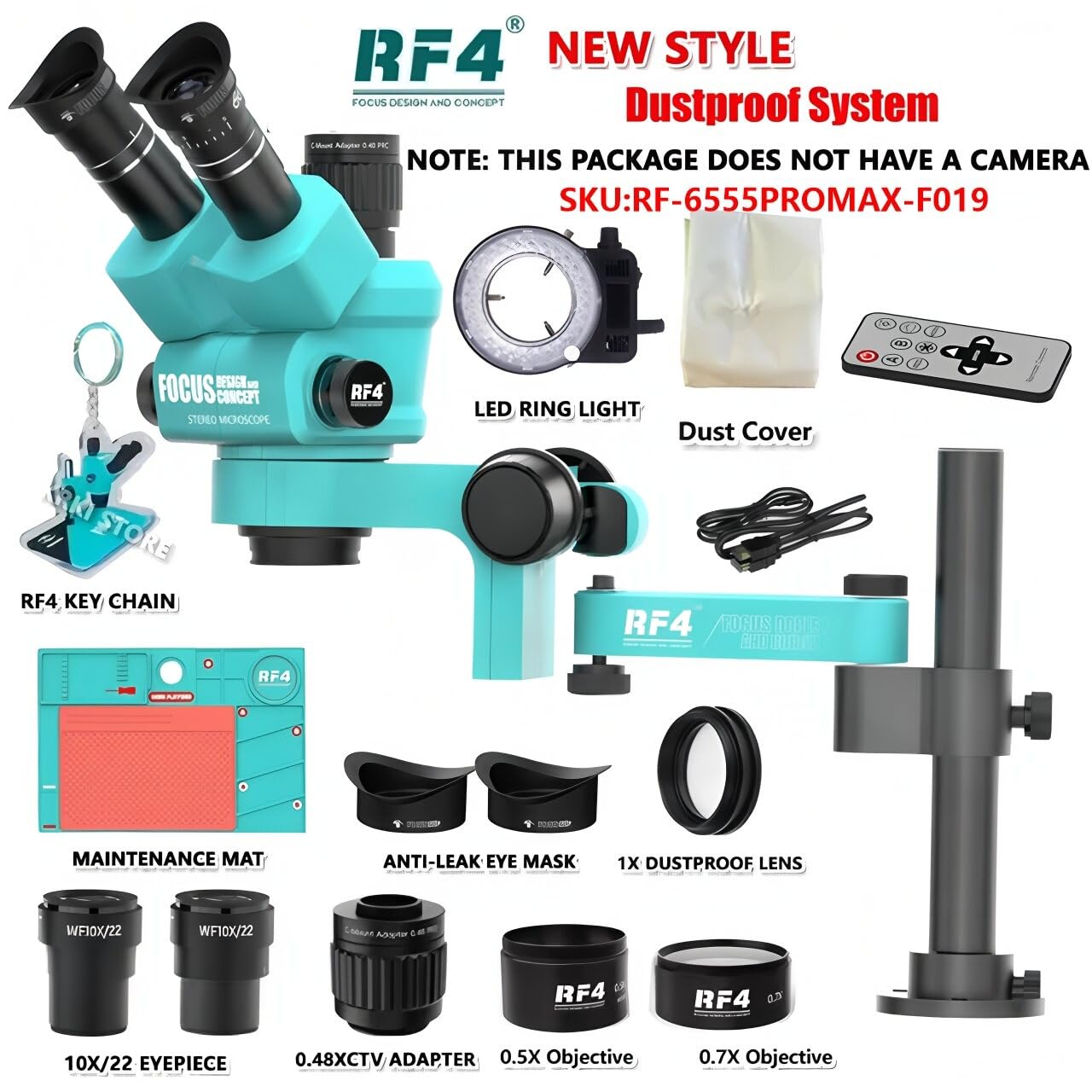 Microscopio estereoscópico trinocular con Brazo articulado de rotación 360°, Base de Campo Amplio, Compatible con cámara HDMI 4K/2K y teléfono para Soldadura y reparación de PCB (RF-6555PROMAX-F019)