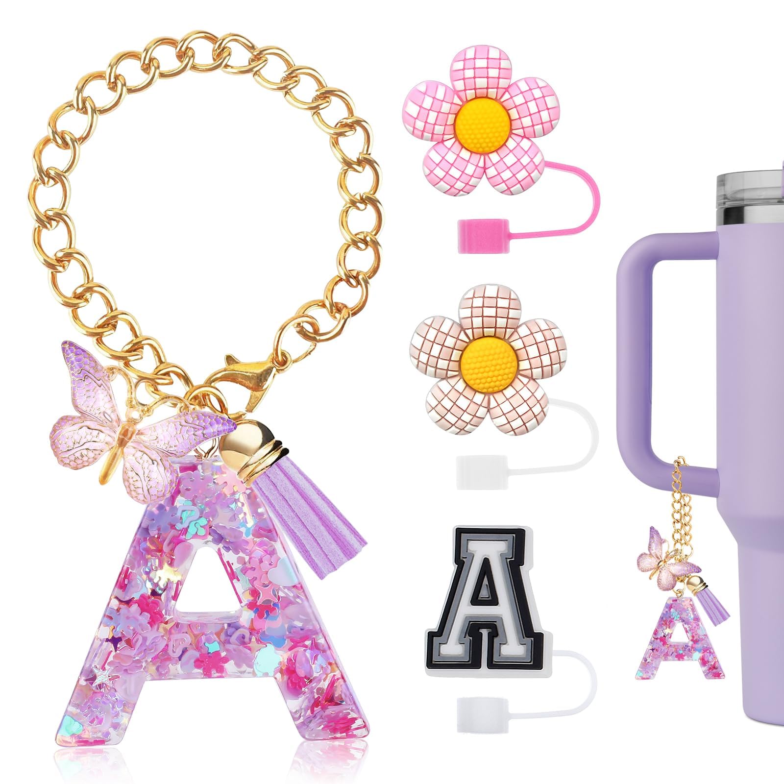 4PCS Stanley Cup Accessories Set - Silicone Straw Covers, Topper Cap, Boot & Initial Charm (Purple Letter D)