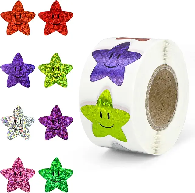 500 Smiley Aufkleber mit Sternen - Glitzer Belohnungssticker für Schüler & Lehrer