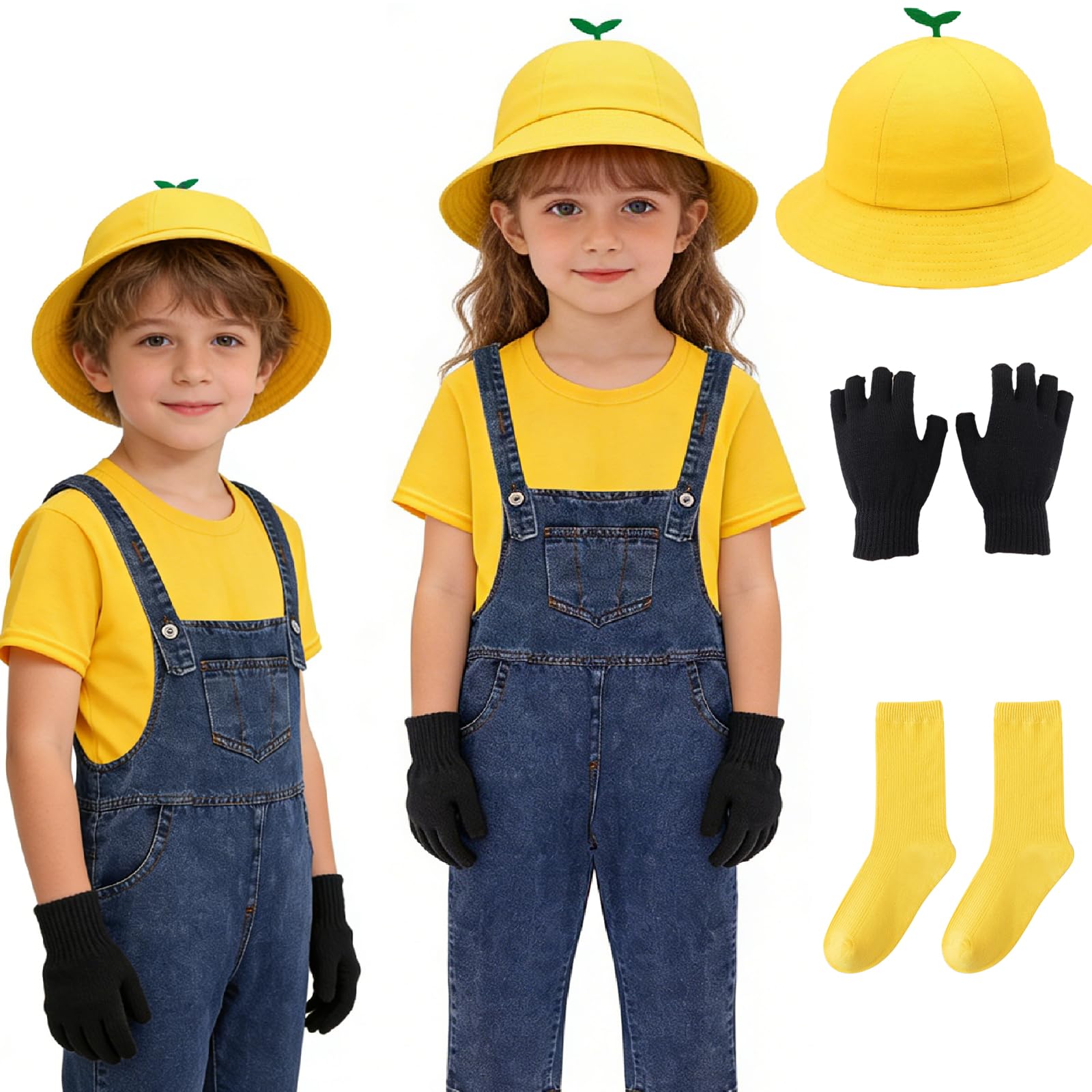 Mprocen Yellow Childrens Costume Movie Jumpsuit Set Yellow Tshirt with Hat Gloves and Socks Boys Girls Festive Attire Perfect for Childs World Book Day Book Week Fancy Dress Costume (M-130)