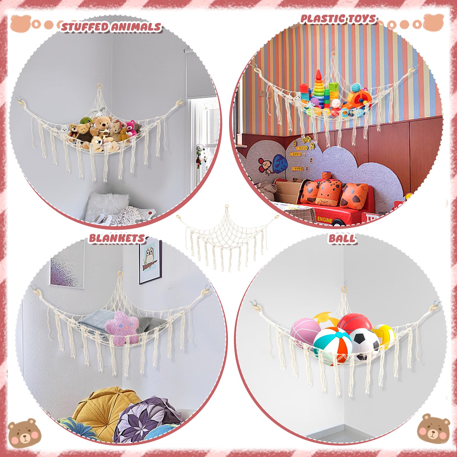 Hamac De Rangement Pour Peluches & Jouets - Filet Blanc, Grand Format | Gain De Place Chambre Enfant, Installation Facile