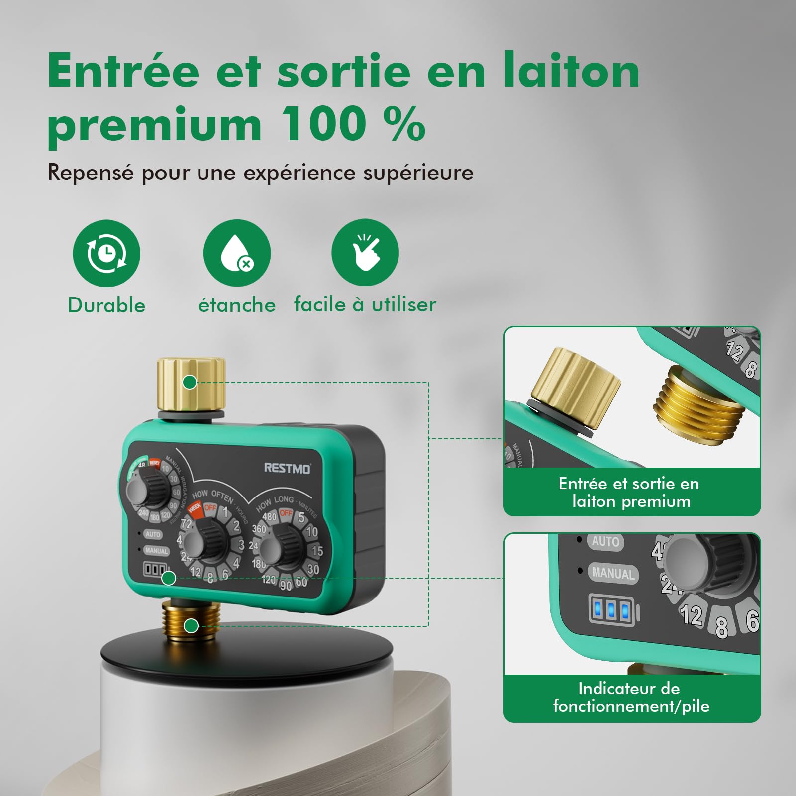 RESTMO programmateur arrosage 3 Boutons, entrées/Sorties Laiton, minuterie pour Tuyau et Goutte-à-Goutte. Jusqu’à 480 Min, Installation Facile