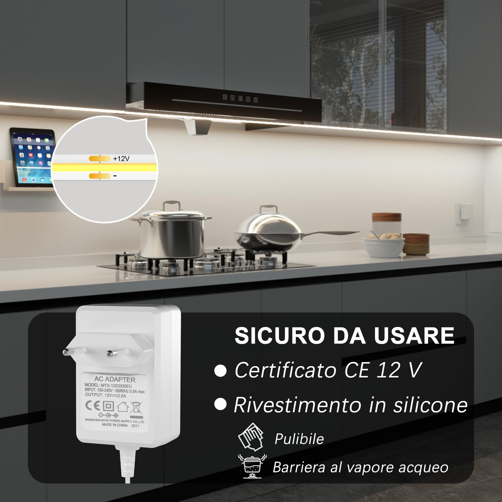 WOBANE Striscia Led COB 3 Metri 12V, Strisce Led Adesive con Telecomando Dimmerabile, CRI90+, Striscia Led Alta Luminosità con Spina per Cucina Sottopensile,Armadietti,Vetrine, Bianco Freddo 6000K