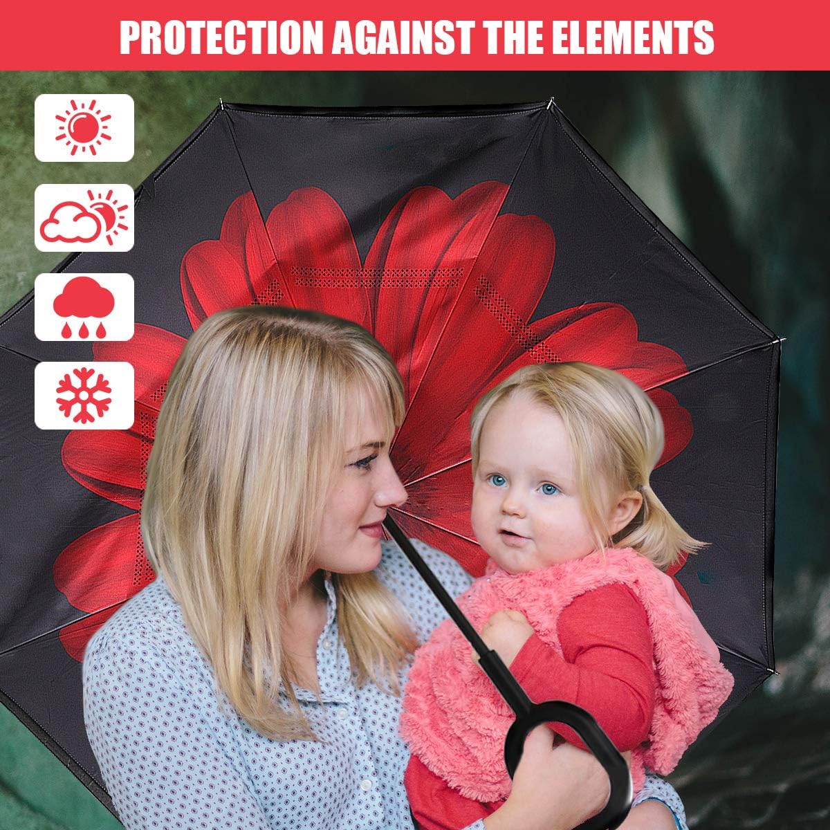 Monstleo Inverted Umbrella,Double Layer Reverse Umbrella for Car and Outdoor Use by, Windproof UV Protection Big Straight Umbrella with C-Shaped Handle and Carrying Bag (Red daisy)
