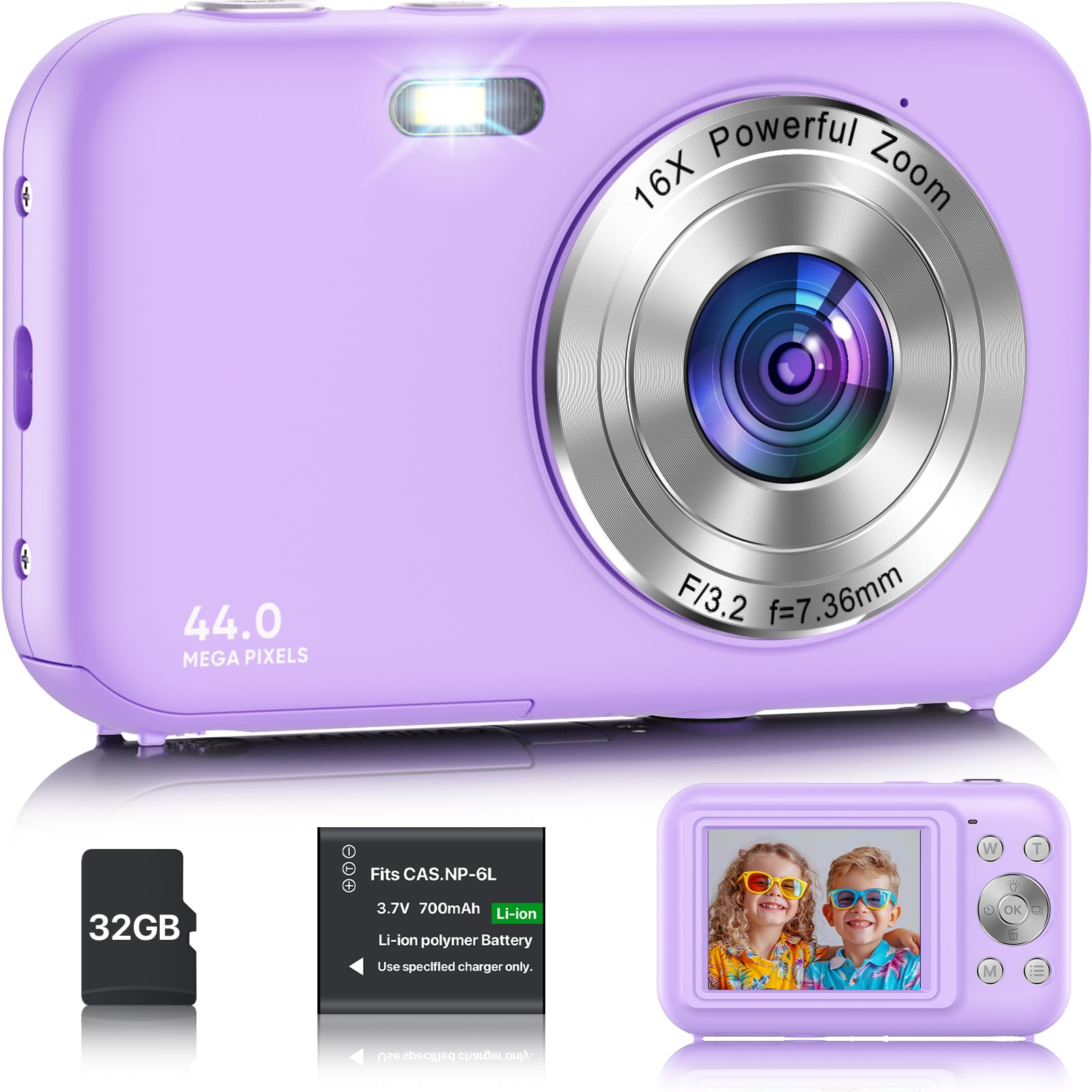 Appareil Photo Numérique avec Carte 32Go, 1080P 44MP Appareils Photo Compact avec 16X Digital Zoom et Batterie, Rechargeables Caméra pour Enfant,Adolescent, Adulte, Débutant (Violet)