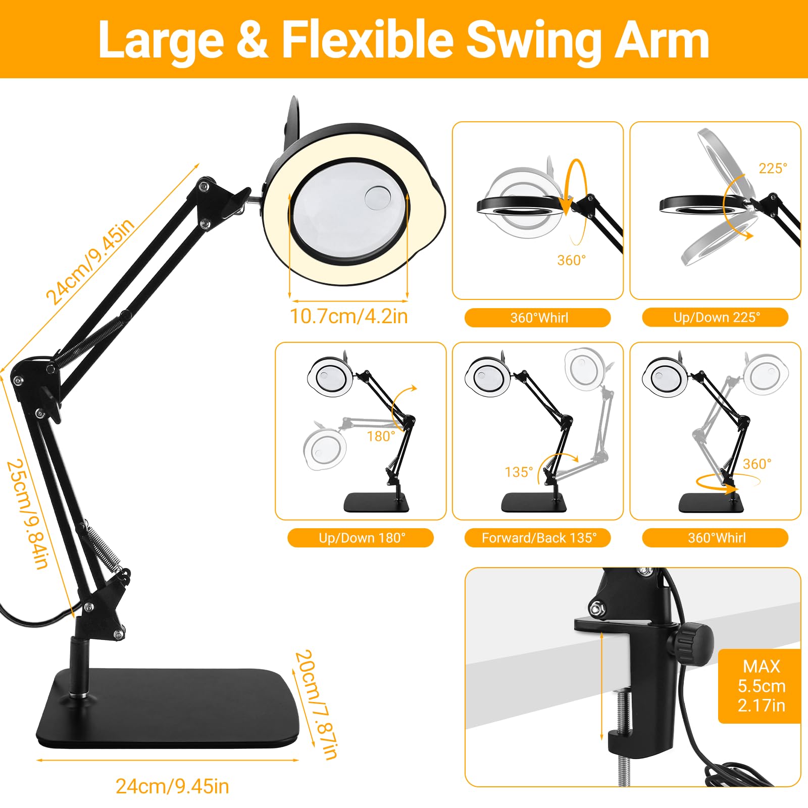 Lampe Loupe 10-15X avec Pince,Loupe Multifonctionnelle,Lampe De Table Led à Intensité Variable avec 5 Modes De Couleur,9 Niveaux De Luminosité pour Les RéParations,L'artisanat,Le Travail de Près