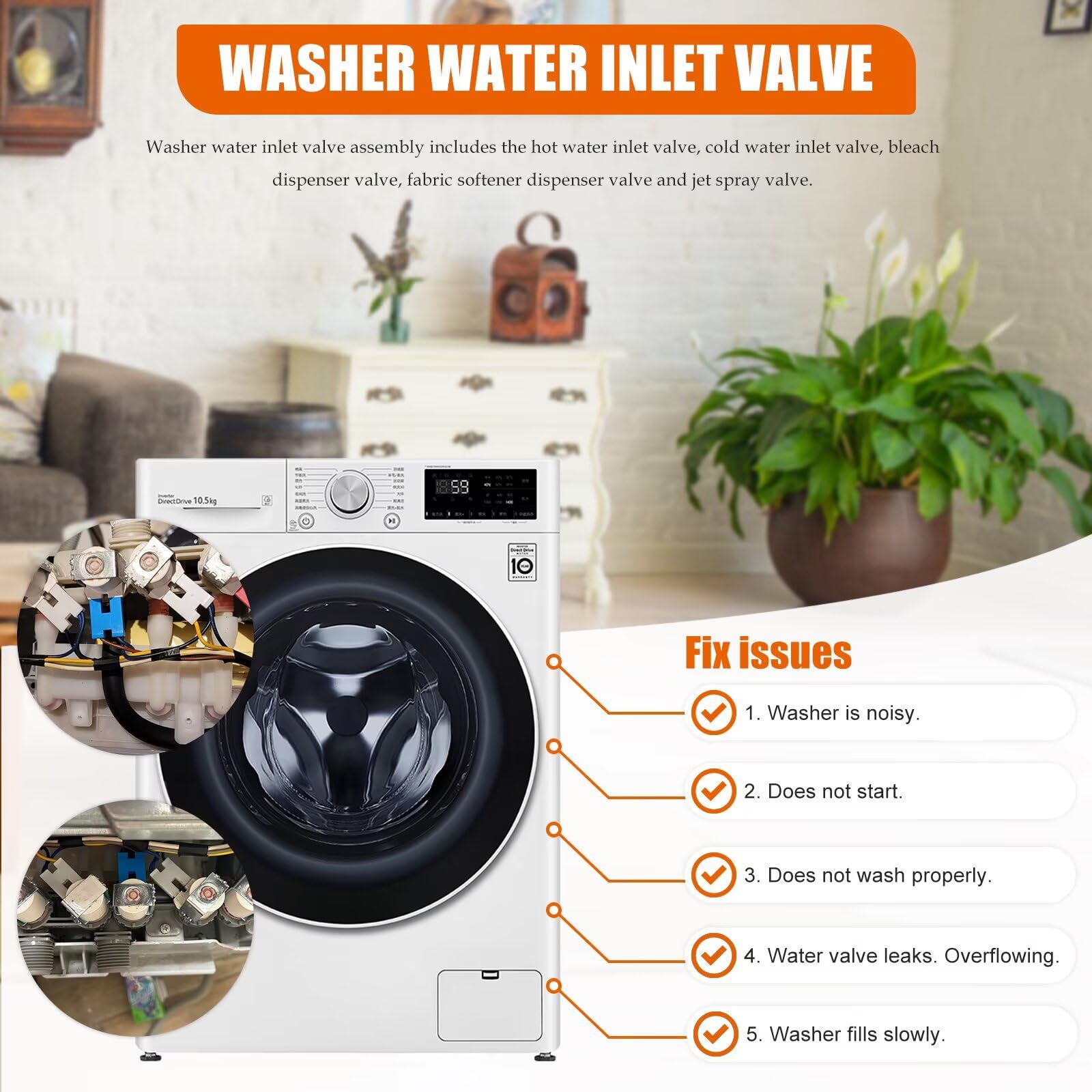 AJU73213301 - Válvula de entrada de agua de repuesto para lavadora LG WT5101HW/00 WT5170HV WT5170HW WT5270CW WT5480CW WT5480CW/00, sustituye a 5221EA1008F, AJU75152601, 330900 048 T