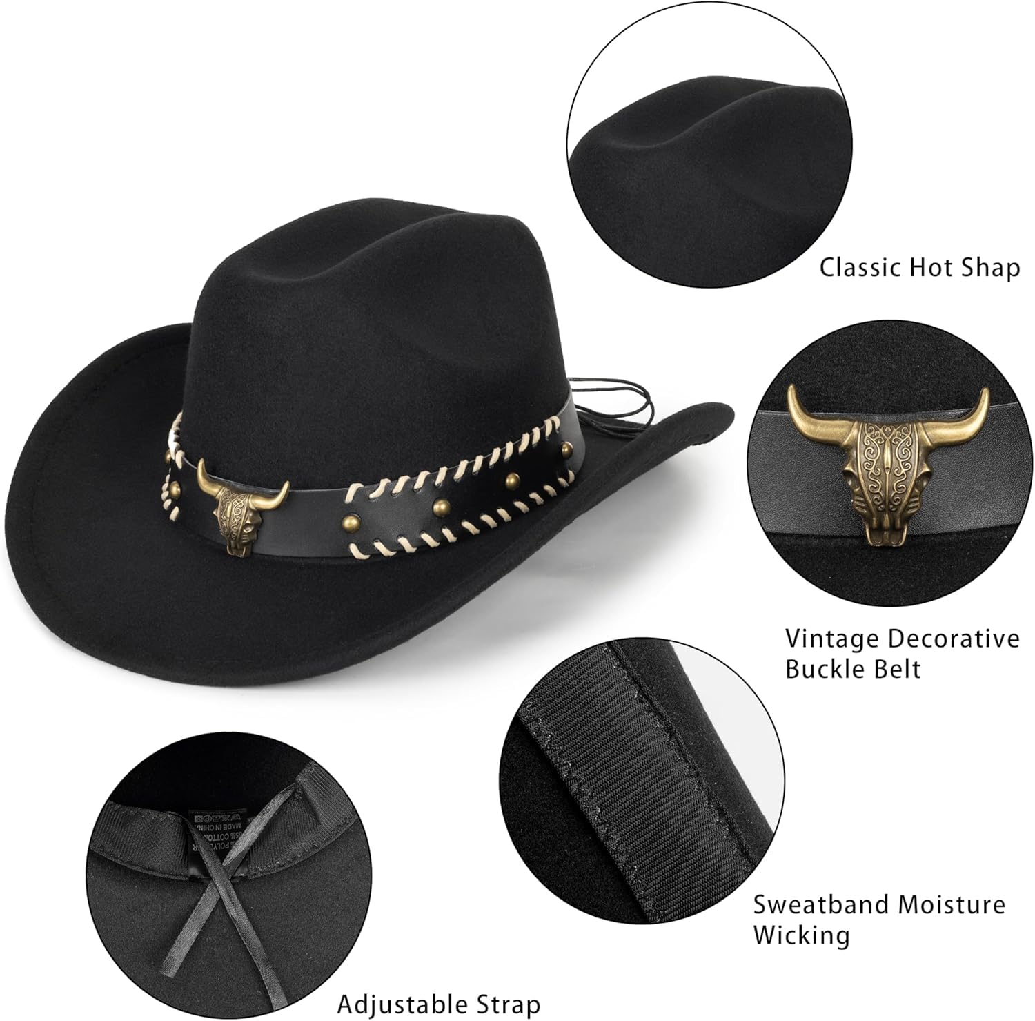 Sombrero de vaquero clásico occidental para mujeres y hombres, sombrero de fieltro de ala ancha, sombrero de vaquera, sombrero de jazz con banda de toro