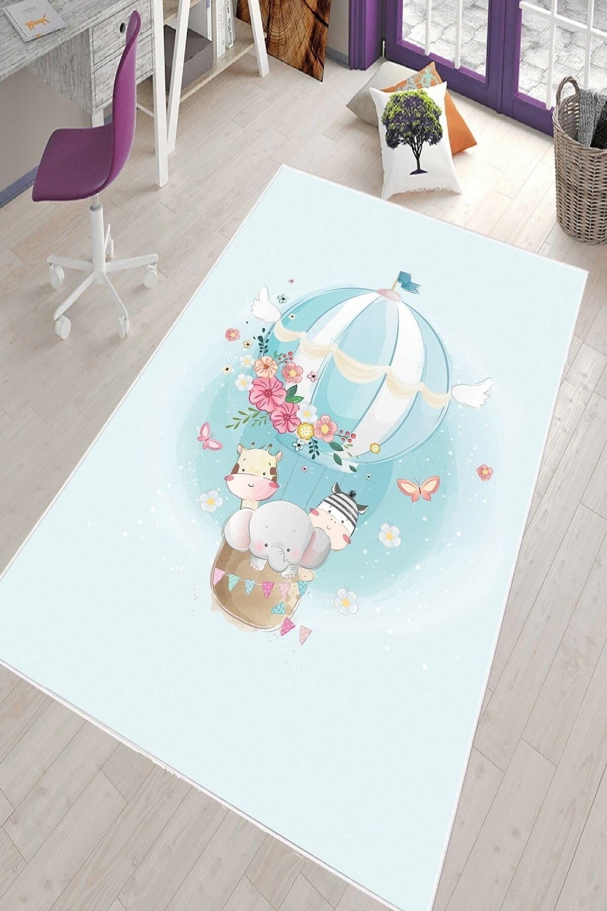 Pelangi Mavi Uçan Balonda Hayvanlar Yıkanabilir Kaymaz Taban Leke Tutmazbebek Ve Çocuk Odası Halısı, Mavi 80 x 150, 90135707680150
