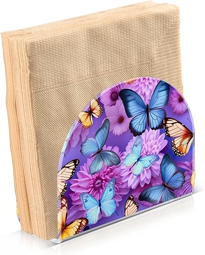 Miniatura 2 de Dispensador de servilletas de flores moradas con mariposas, soporte de acrílico para servilletas de cóctel para mesas, servilleta de pie para cena,