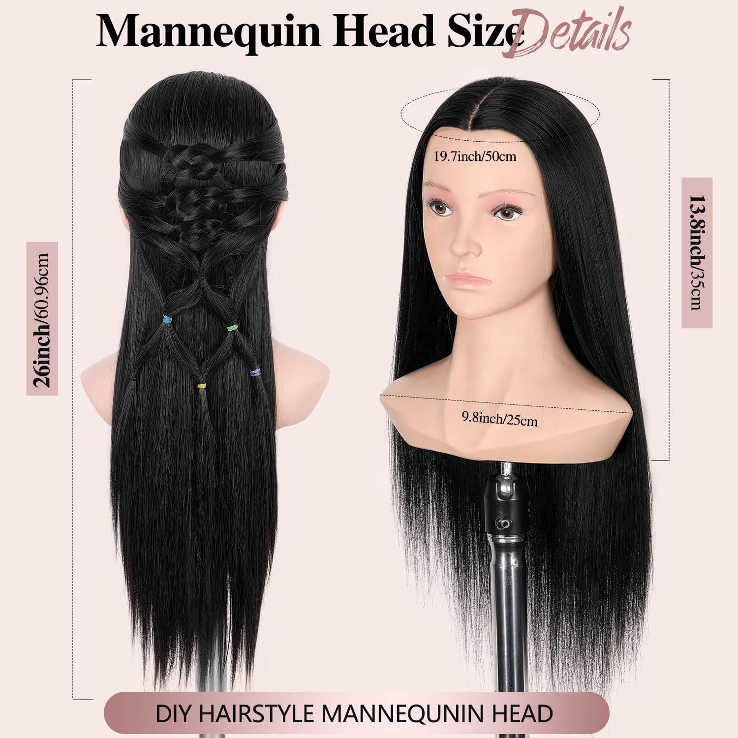 WIGNEE Friseur Übungskopf 26 Zoll Mannequin Kopf mit Kunsthaar für Friseur- und Kosmetiktraining