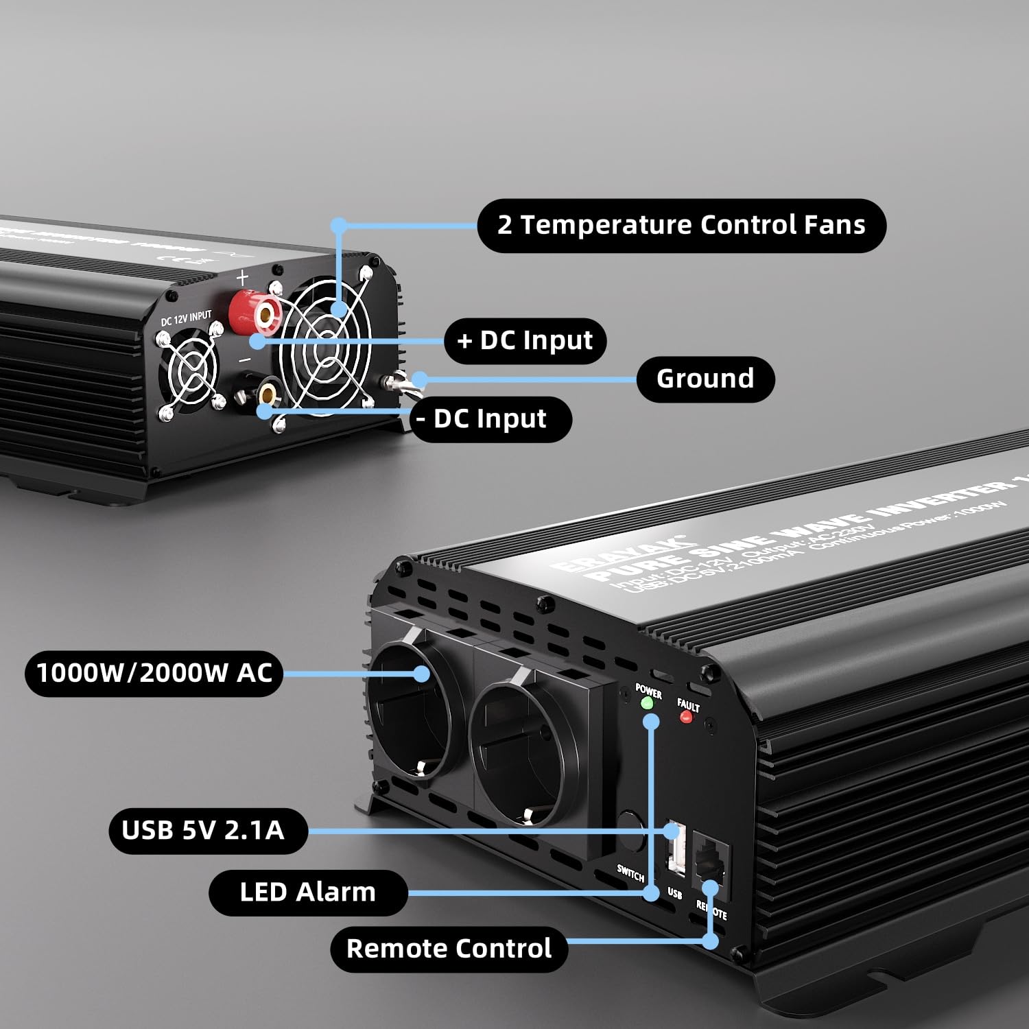 ERAYAK Inversor 12v 230v Onda Pura 1000W/2000W Convertidor de Corriente Conversor 12v a 220v Transformador con Control Remoto para Coche Camion (DSU1000)