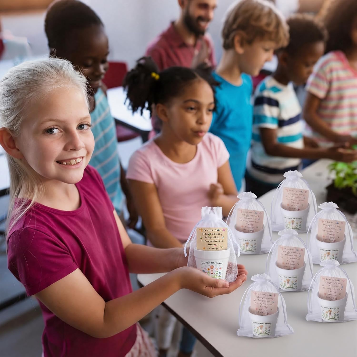 Ctosree 24 Sets End of Year Students Gift from Teacher Include Self Adhesive Seed Packets White Flower Pot Thank You Tags Organza Gift Bags for Teacher to Student Class Rewards Holiday Presents Gifts