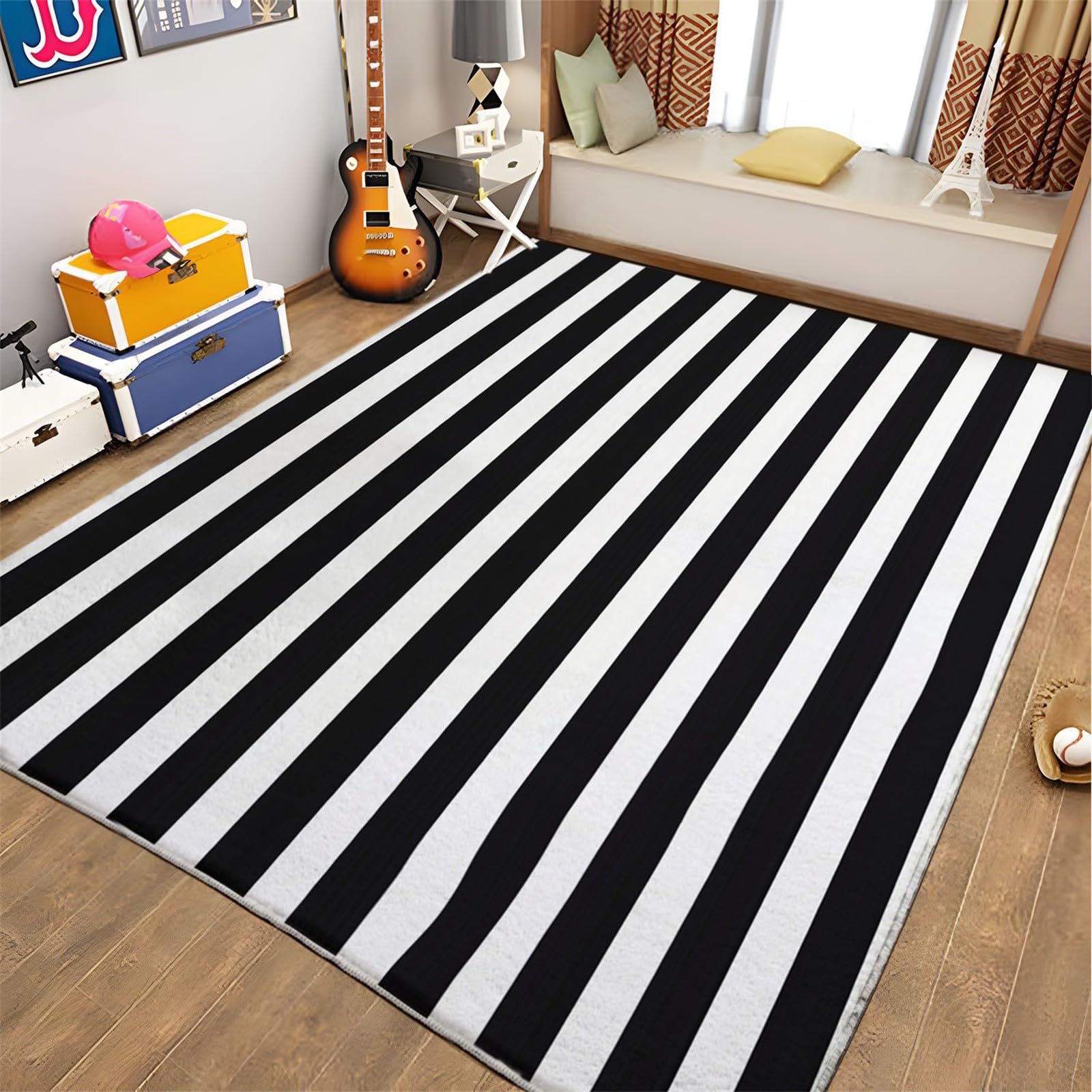 Teppich Wohnzimmer 180x240 cm Waschbarer Teppich, Schwarz-Weiß Gestreifte Geometrie Teppich Schlafzimmer, Schwarz-Weiß Teppich, Teppich Kurzflor für Wohnzimmer Schlafzimmer kinderzimmer
