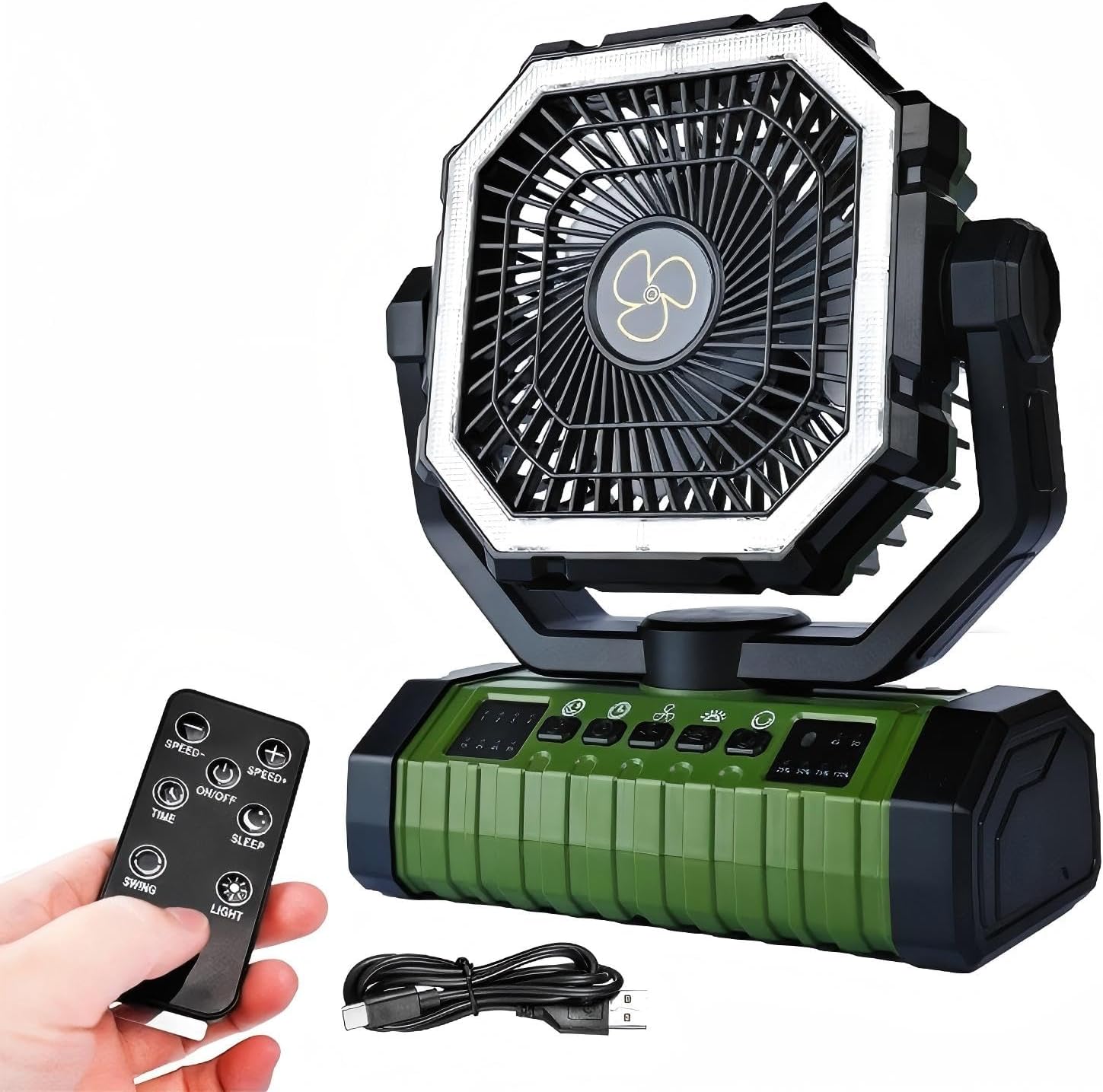 Portable Rechargeable Fan, 20000mAh Battery Powered with LED Lantern, USB C Cordless 270° Swivel for Travel Bedroom Camping Office Desk (1, Green B)