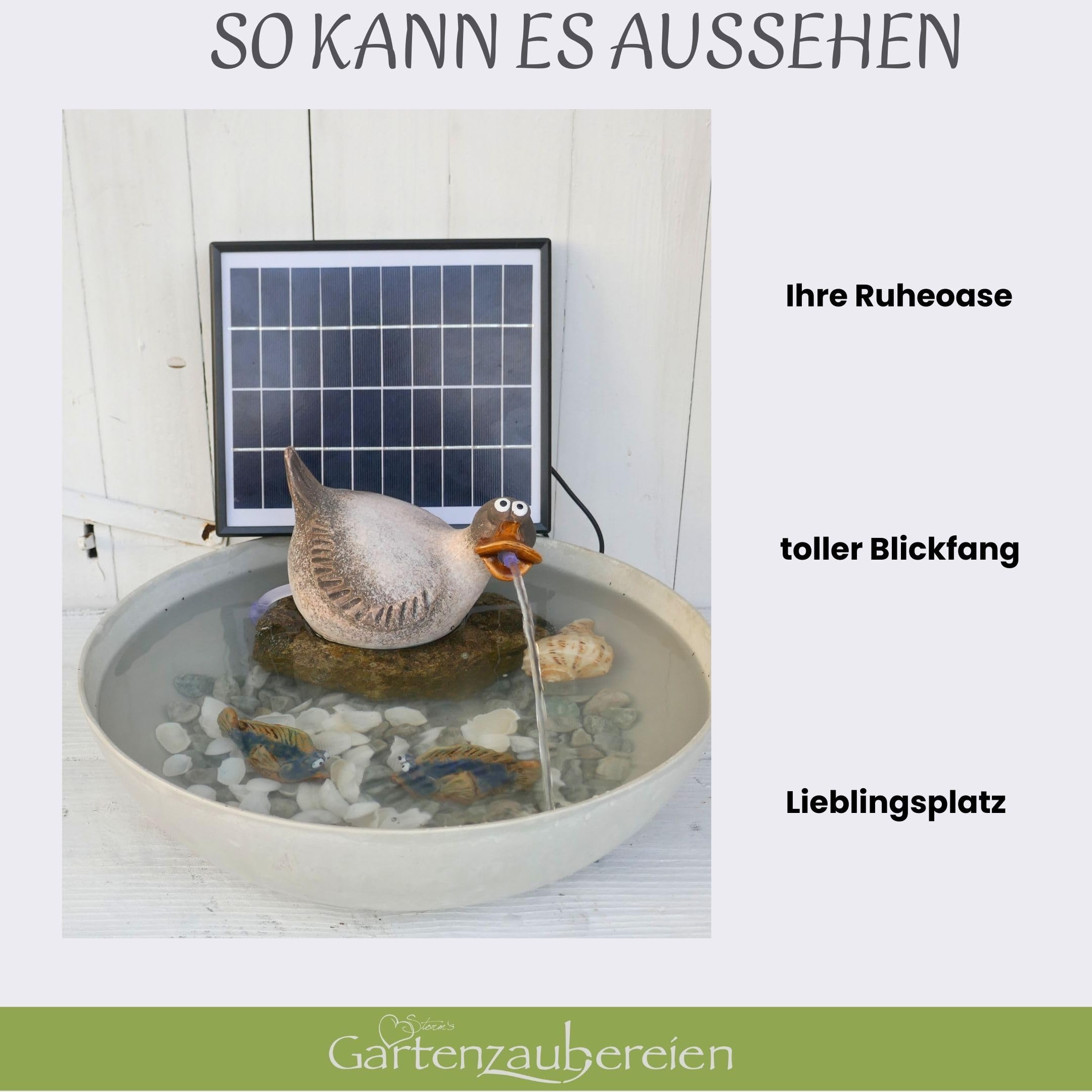 Storm's Gartenzaubereien Solar-Wasserspeier mit Akku-Pumpe Ente für Teiche & Miniteiche - Keramik Tierfigur - Garten & Balkondeko, Solarbrunnen