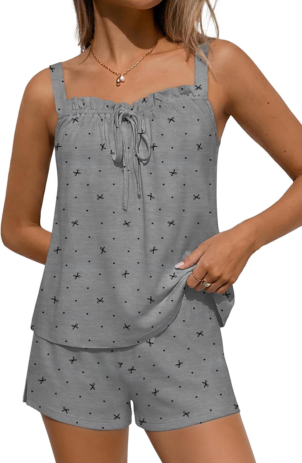 Ekouaer Womens Pajamas Sets 2 Piece Cute Tank Top and Shorts Lounge Set Sleeveless Pjs Set Sweet Sleepwear