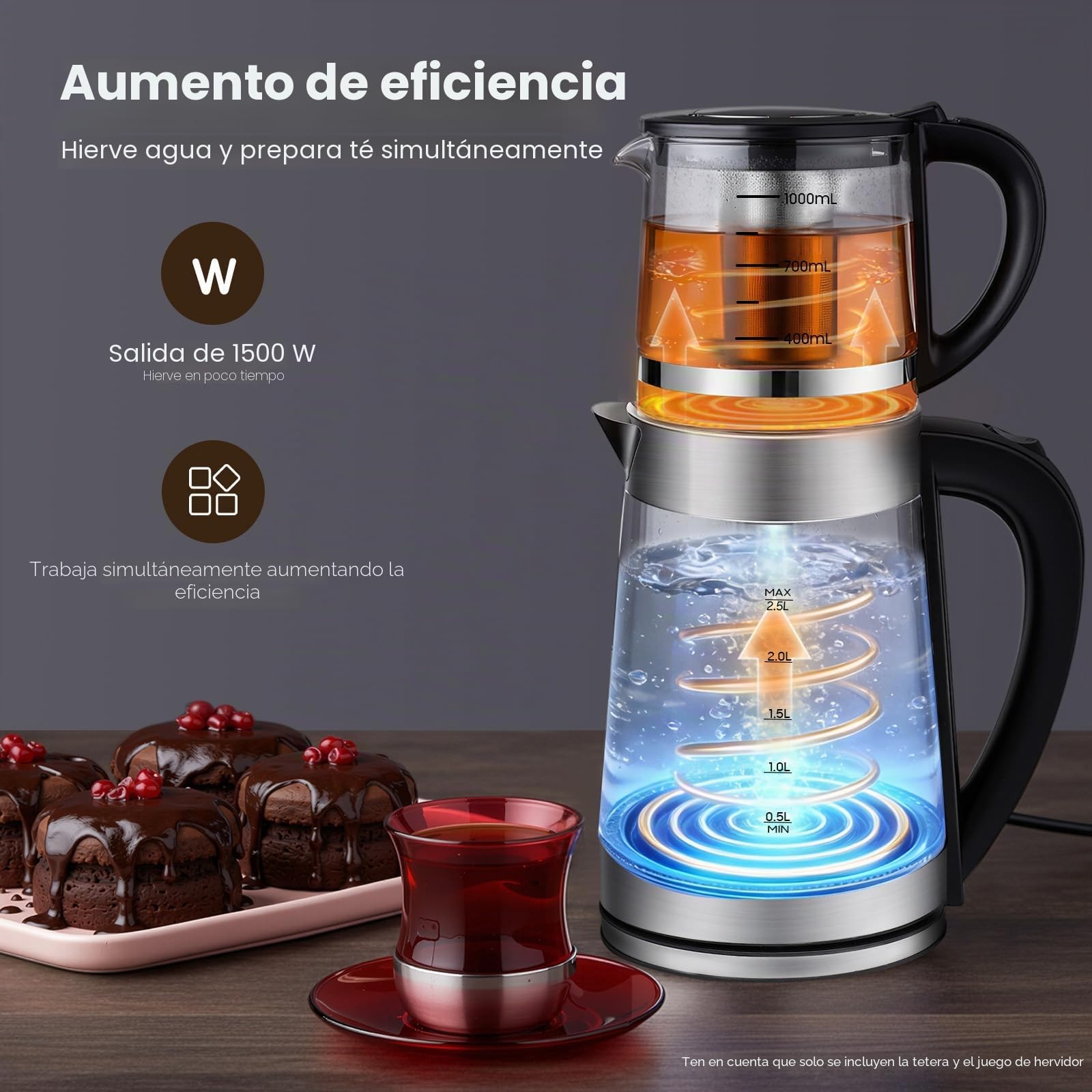 Hervidor eléctrico, tetera turca de 1500 W, hervidor eléctrico y tetera, 1 l + 2,5 l de capacidad, ideal para cocina y familia