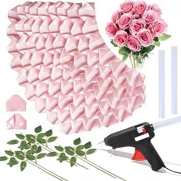 KAKABUBBLE 300PCS DIY Rose Petal Kit with Glue Gun, Sticks & Leafy Stems | Half-Finished Satin Ribbon Flower Craft Set | for Wedding, Anniversary, Birthday Bouquets Pink