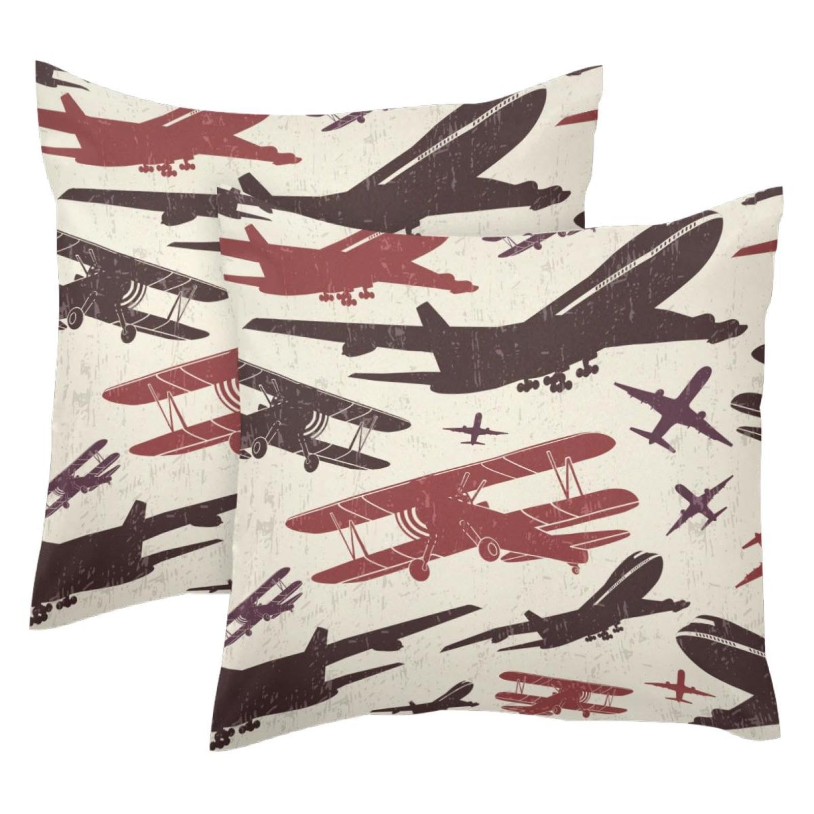 Housse de coussin rétro en velours 50x50 cm motif avion de guerre