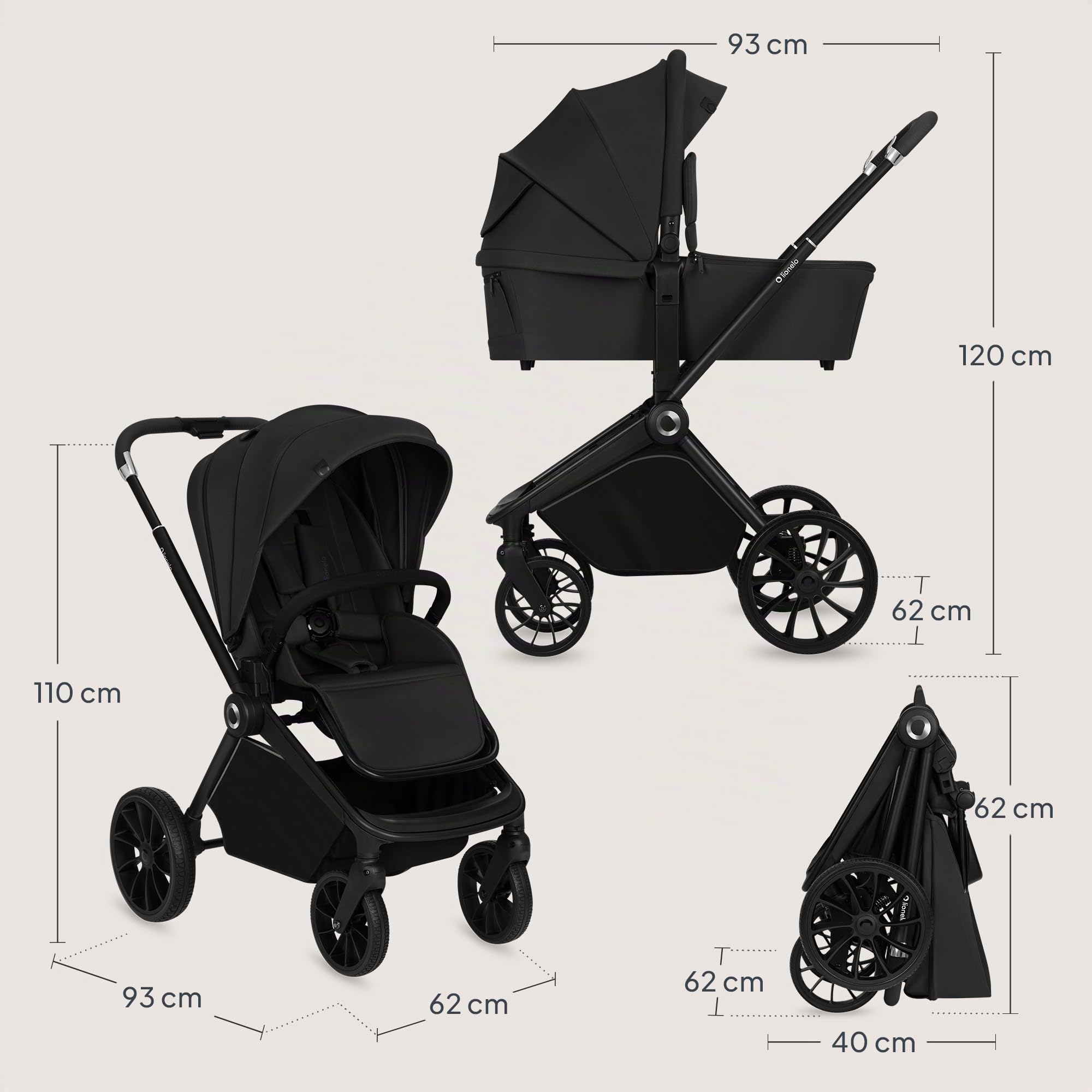 LIONELO Mika Plus Passeggino 2 in 1 con Navicella per Bambini 0-48 Mesi | Fino a 22 kg, Navicella fino a 9 kg, Schienale e Poggiapiedi Regolabili, AiryDots, Ruote PU 360° e Cappottina XXL