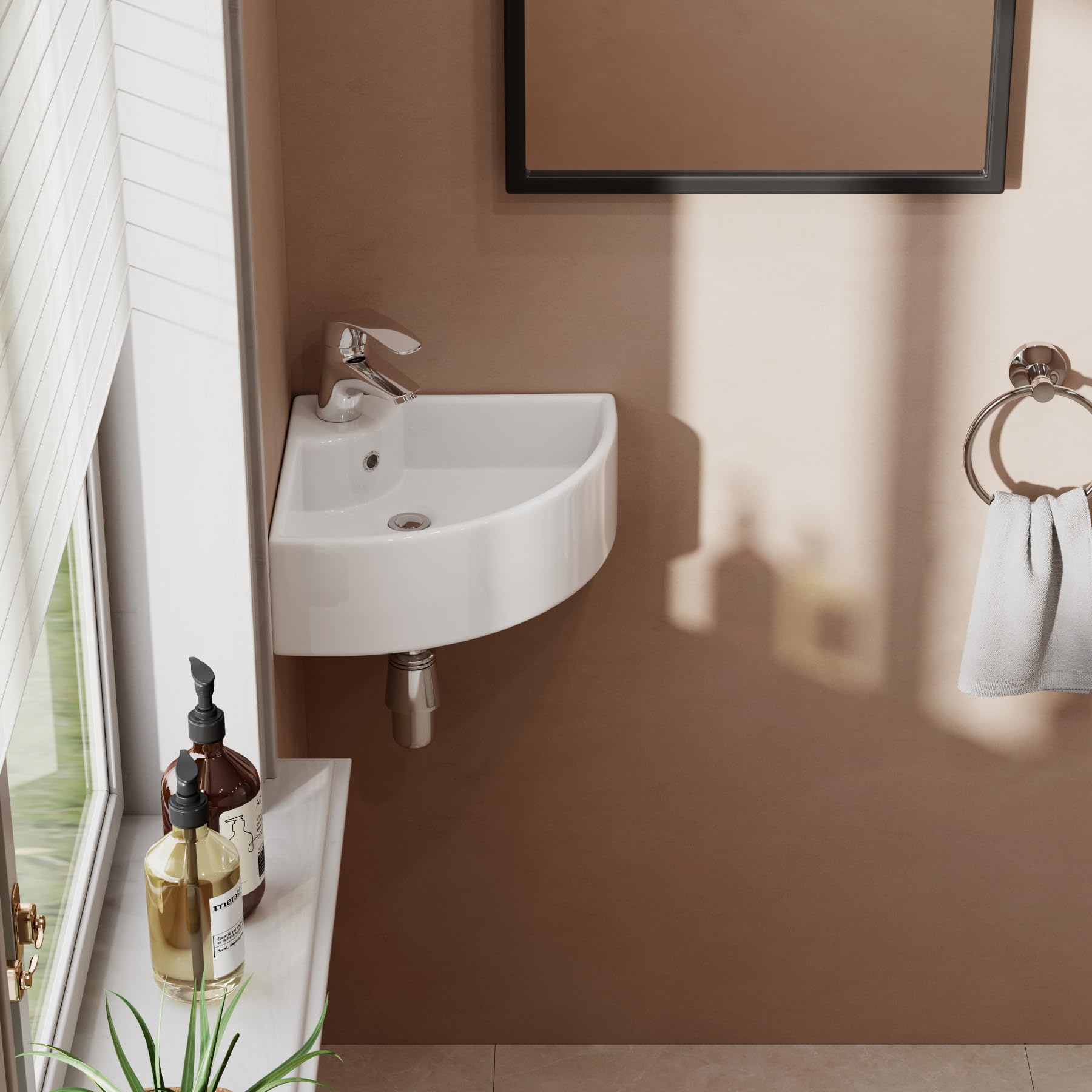 Lavabo esquinero pequeño de cerámica, 460 x 330 mm, blanco, pequeño lavabo para invitados y baños pequeños, montaje en pared o sobre encimera con orificio para grifo y rebosadero, diseño moderno de
