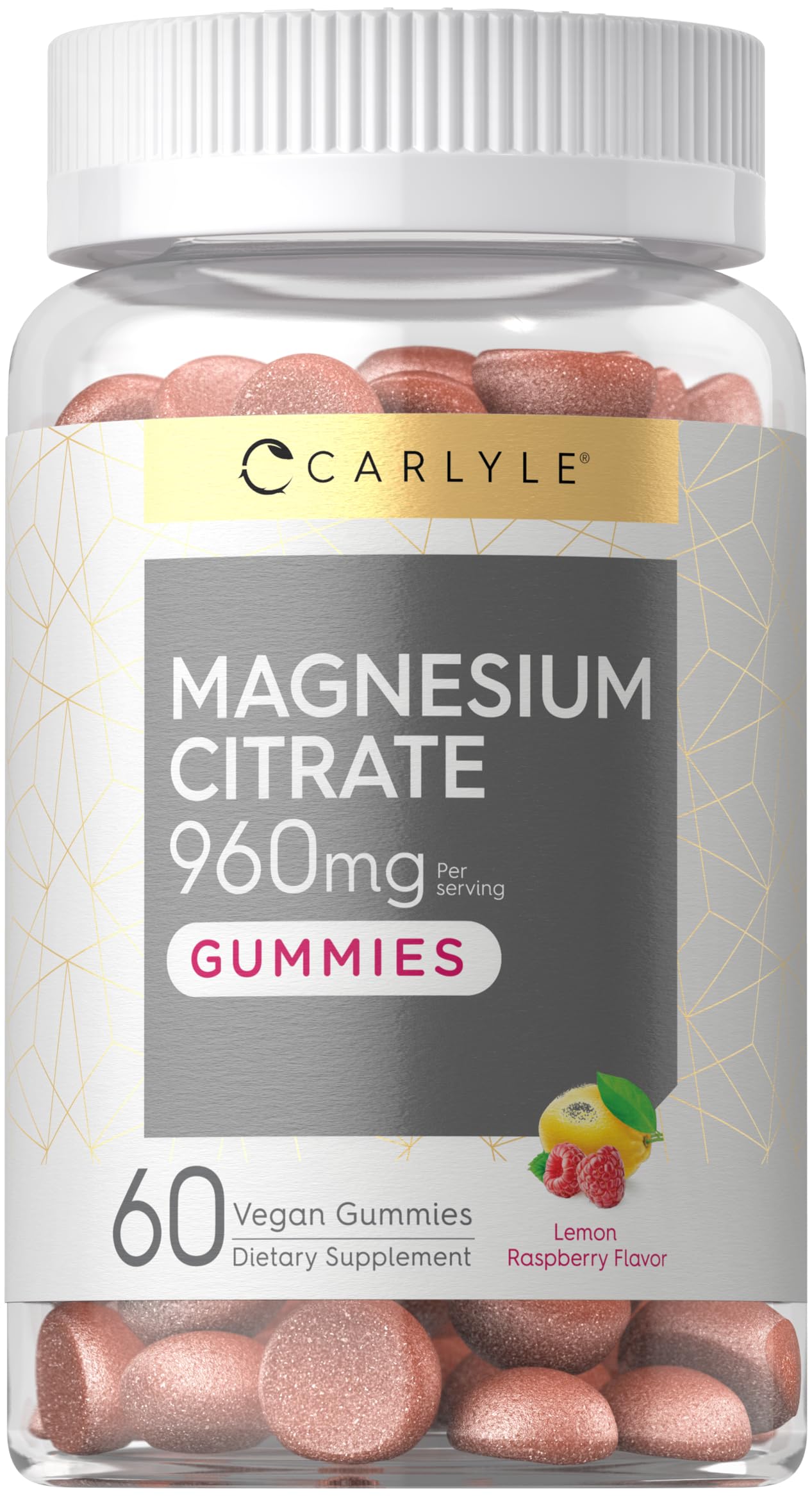 Carlyle Magnesium Citrate Supplement Gummies 960mg 60 Count Vegan for Women and Men Lemon Raspberry Flavor Non-GMO Gluten