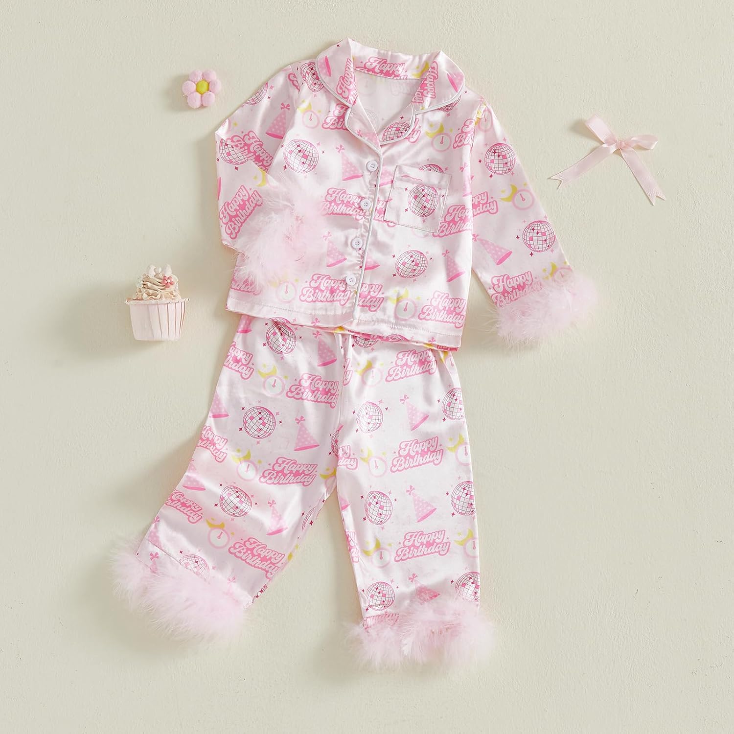Toddler Girl Birthday Pajamas Silk Stain Pjs Cake Balloons Button Down Shirt 2PCS Sleepwear Set Kids Girls Nightgown