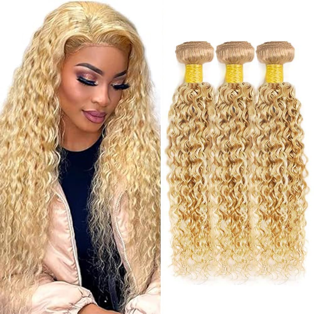 P27/613 Human Hair Bundles Honey Blonde Curly Weave Bundles Human Hair Ombre Blonde Kinky Curly Bundles Double Weft Brazilian Remy Hair Extensions Soft And Silky for Black Women (20 22 24 Inch)