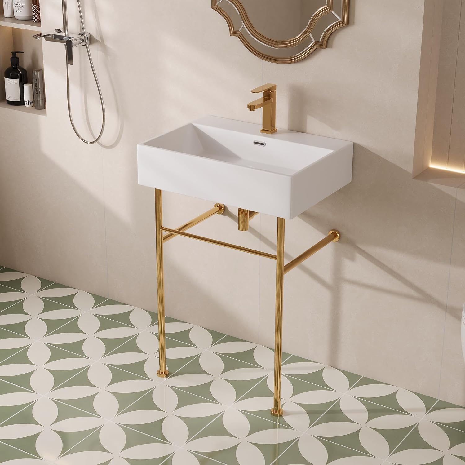 DeerValley 24"x17" Console Bathroom Sink, Free Standing 30 Inch Stainless Steel Support Pedestal Legs, Wall-Mounted White Ceramic Basin, Modern Rectangular Sink Porcelain, Gold 24" x 17" rectangular White/Glod