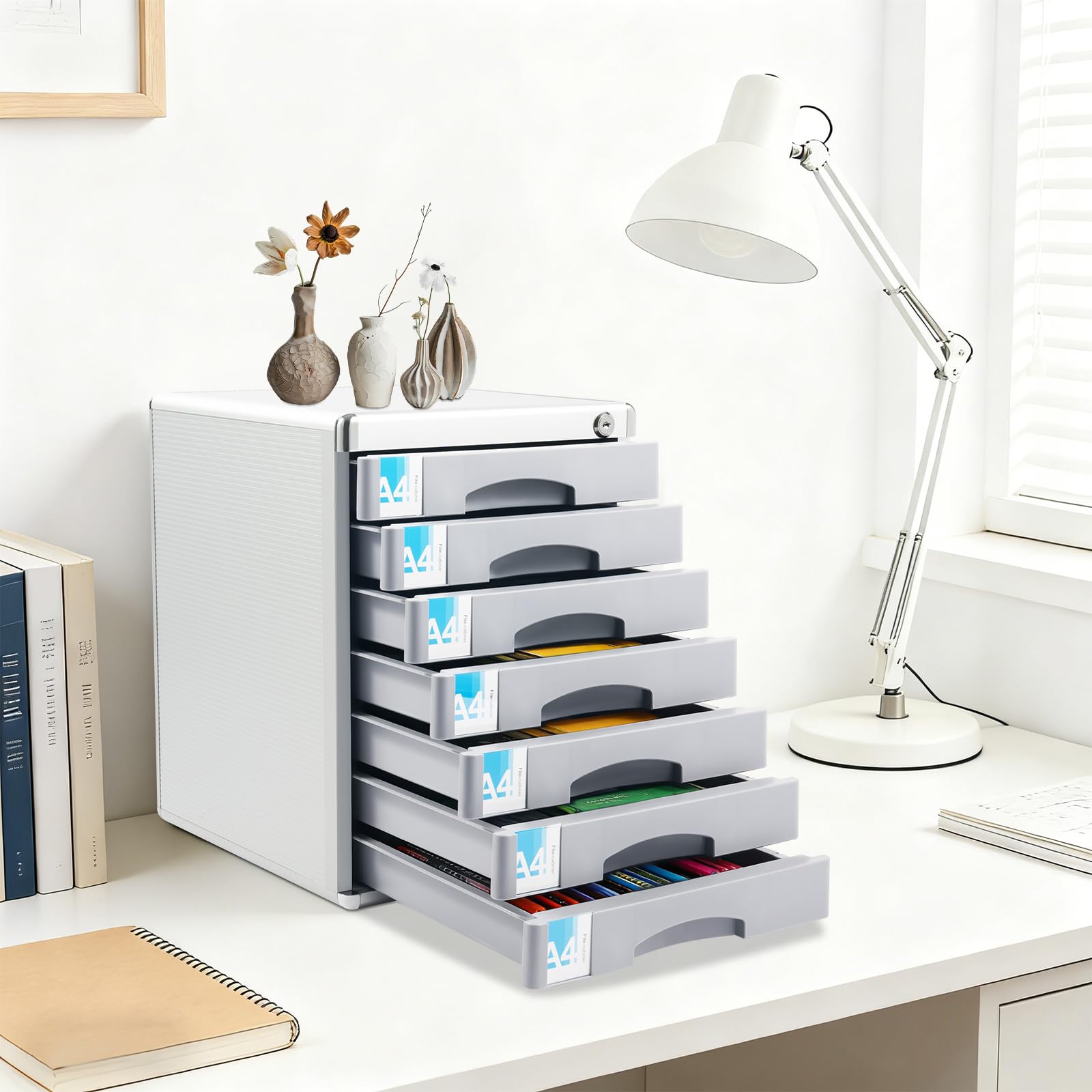 Schubladenbox 7 Fächer abschließbar, A4 Dokumentenablage aus Aluminium, Schreibtisch Ordnungssystem, stapelbare Ablagebox für Büro & Zuhause