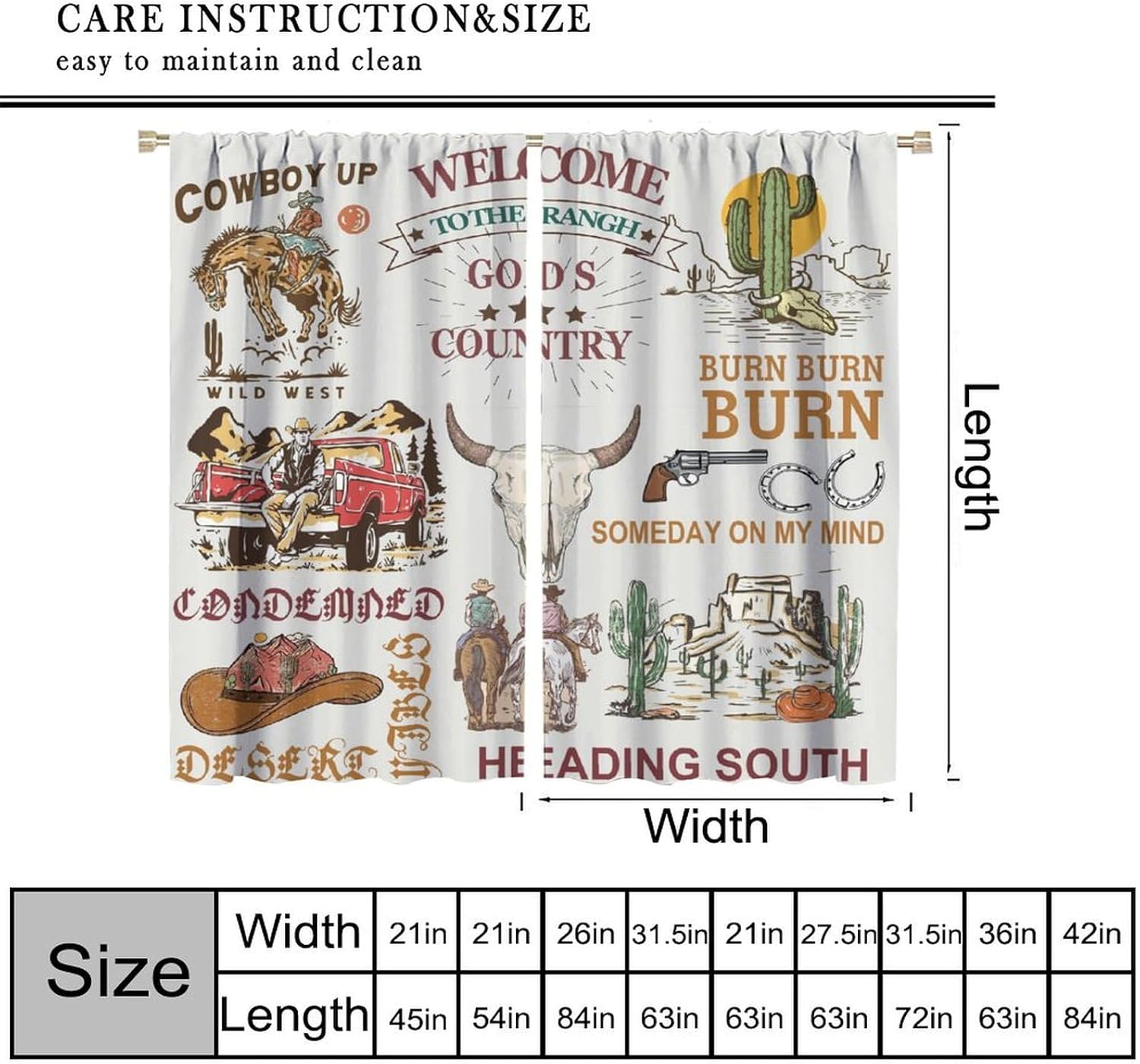 Cowboy Blackout Curtain,Rustic Western Riding Horse Cactus Truck Skulls West Desrt Curtains for Dining Room Living Room Kitchen Cafe Bedroom Office Drapes,42x45 in