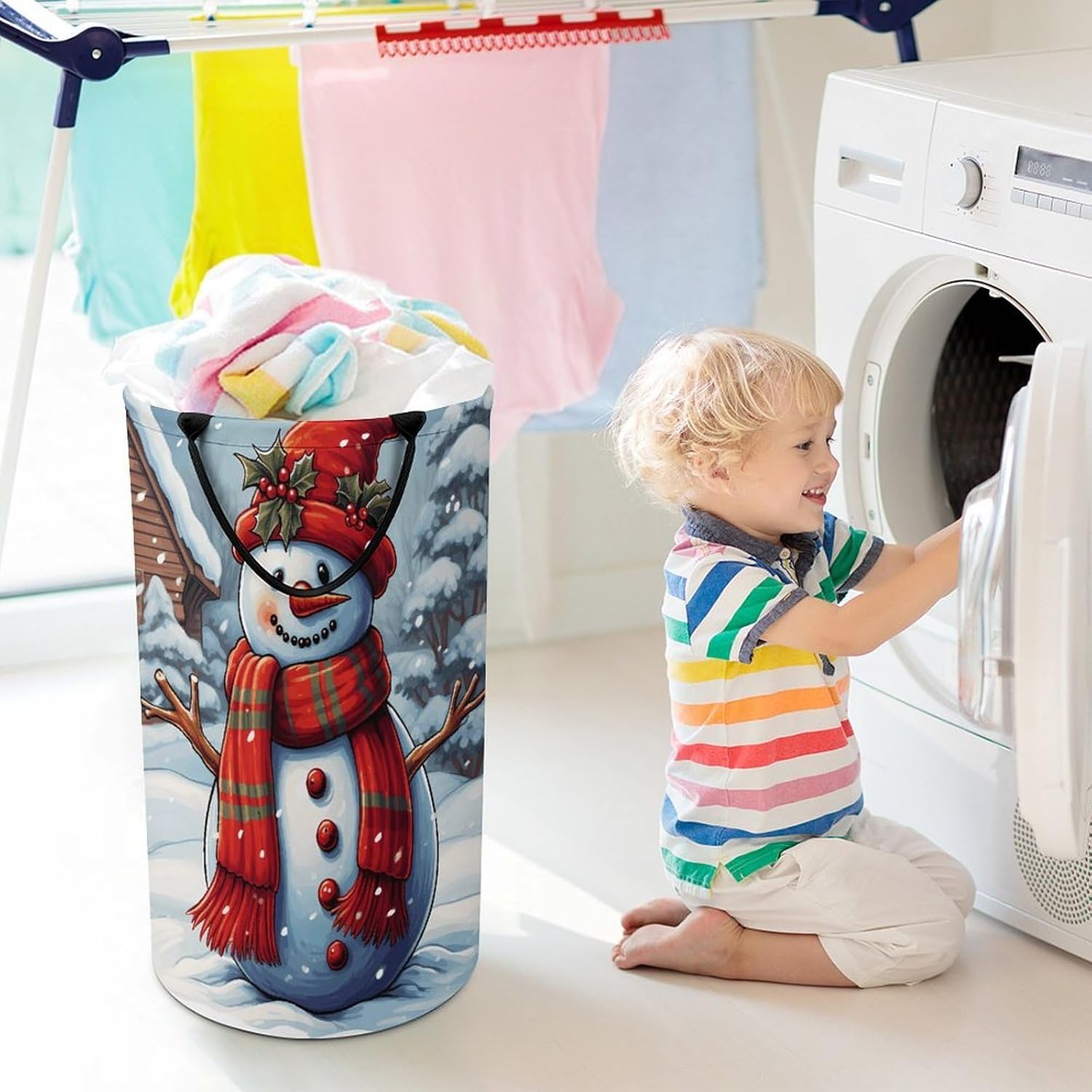 Large Laundry Hamper with Handles Red Snowman Scraf Laundry Basket Freestanding Waterproof Clothes Hamper for Living Room Bedroom Bathroom College Dorm